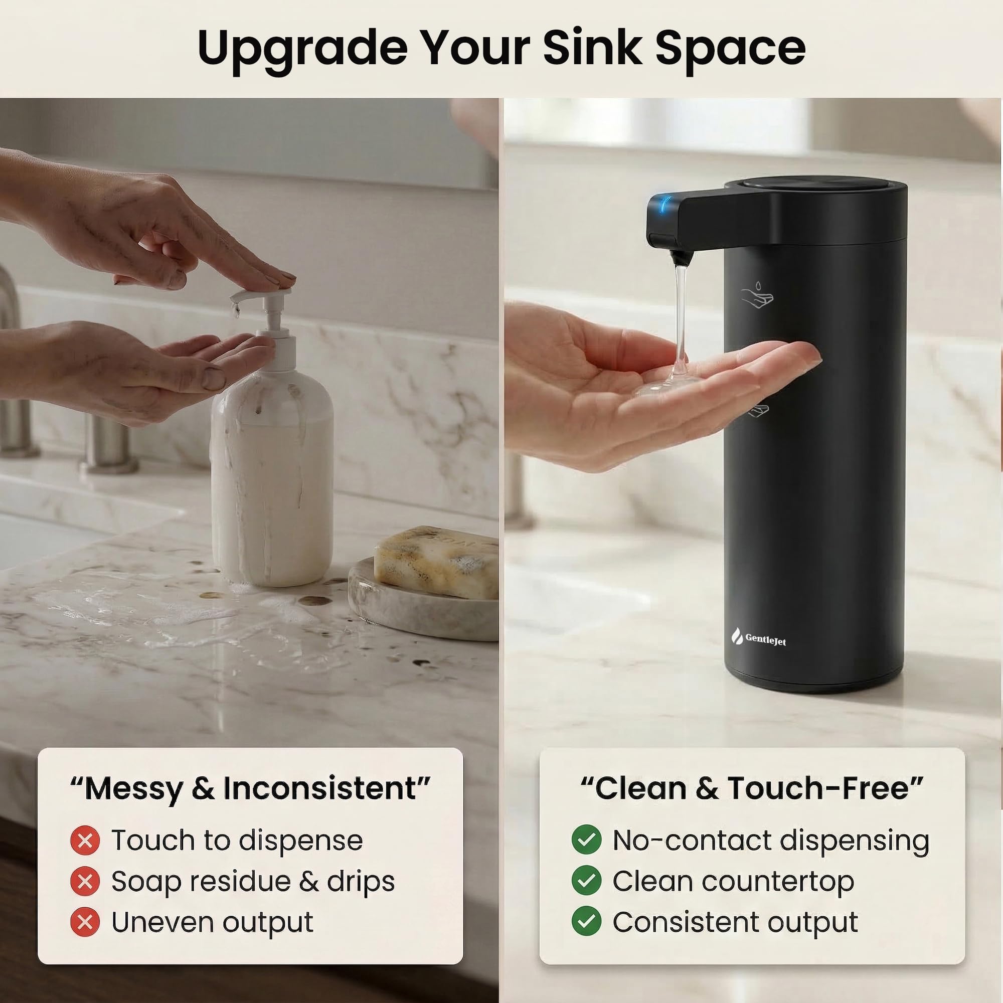 GentleJet SmoothDrop Automatic Liquid Soap Dispenser – Touchless Sensor, USB-C Rechargeable, 304 Stainless Steel, IPX5 Waterproof for Bathroom Kitchen Sink, 9 oz / 270 ml