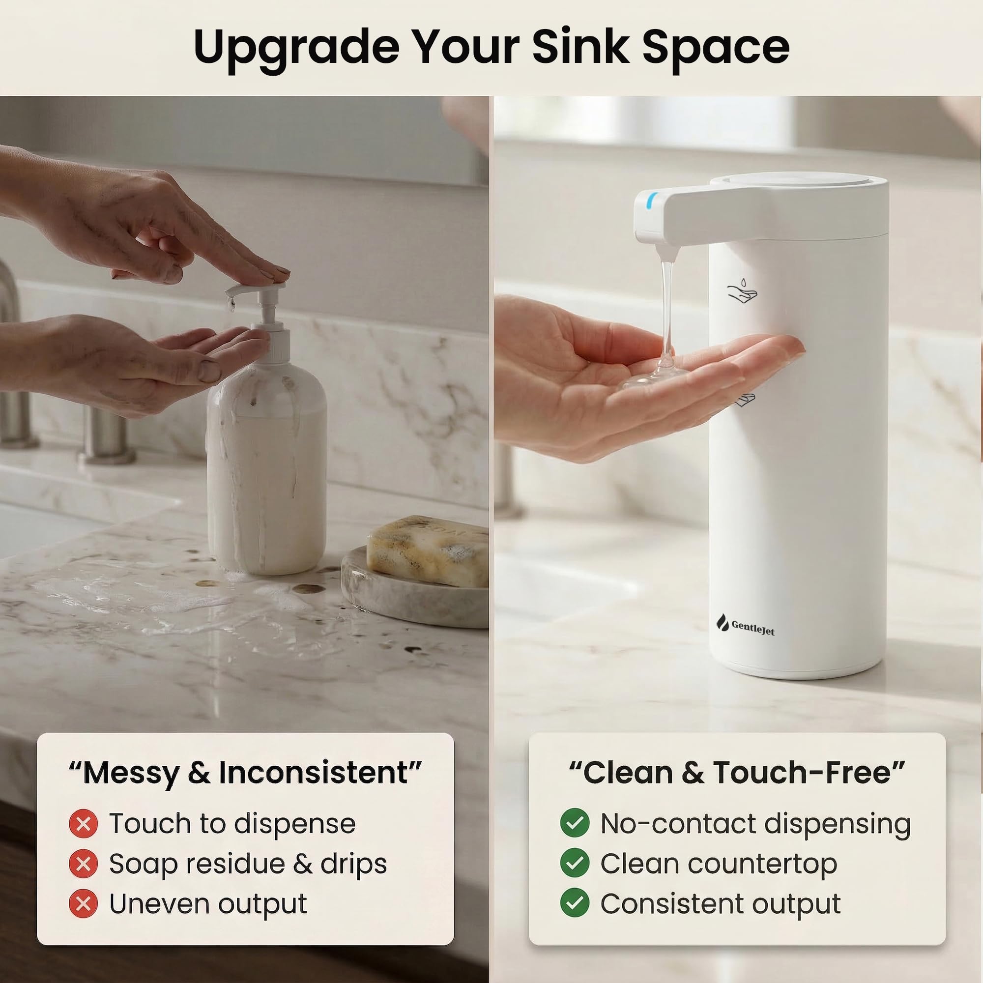 GentleJet SmoothDrop Automatic Liquid Soap Dispenser – Touchless Sensor, USB-C Rechargeable, 304 Stainless Steel, IPX5 Waterproof for Bathroom Kitchen Sink, 9 oz / 270 ml