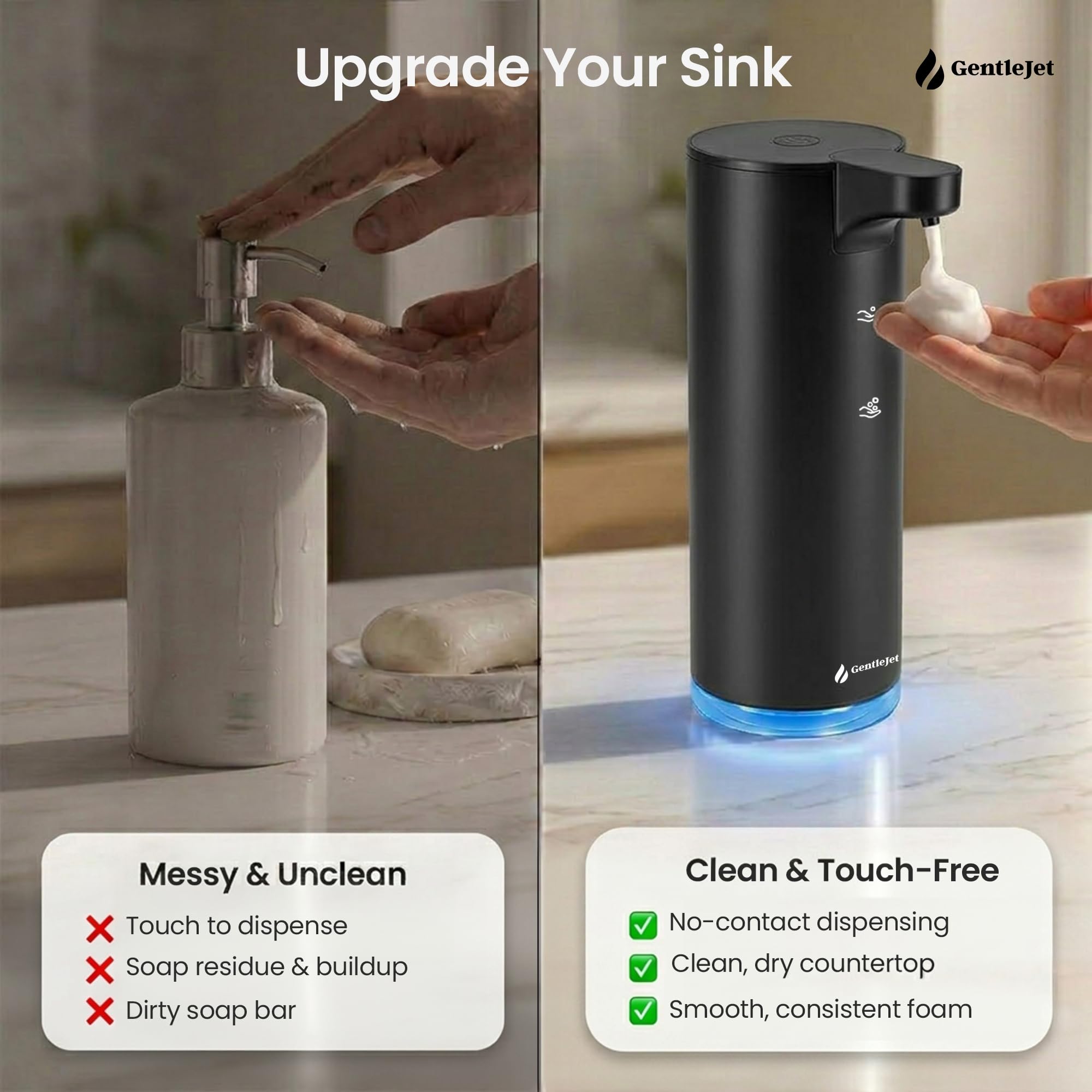 GentleJet EasyFoam Automatic Foaming Soap Dispenser – Touchless Sensor, USB-C Rechargeable, 304 Stainless Steel, IPX5 Waterproof for Bathroom Kitchen Sink, 9.5 oz / 280 ml