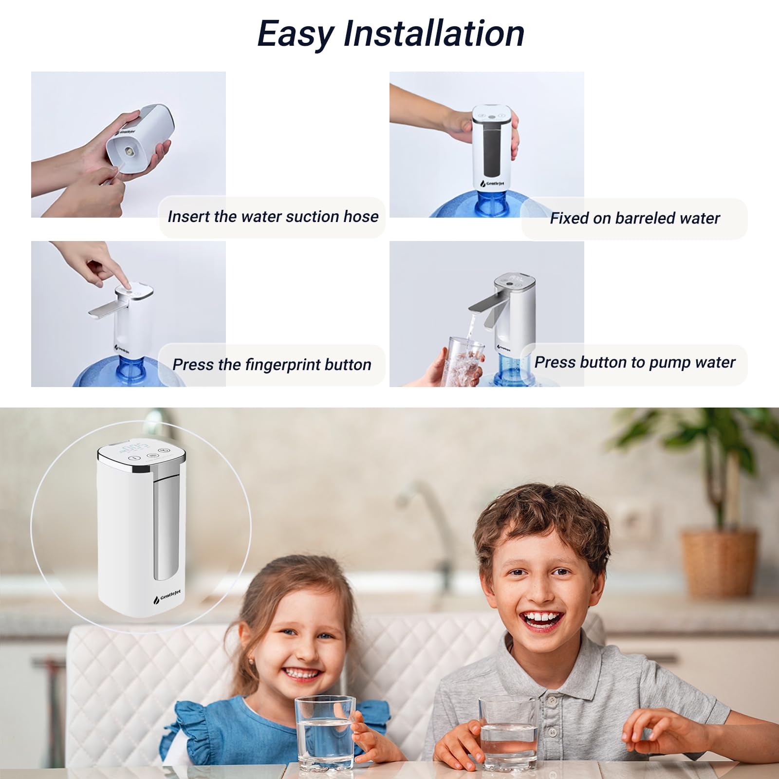 GentleJet Automatic Water Dispenser for 5 Gallon Bottle - USB-C Rechargeable Electric Water Pump, Digital Display, Measured & Continuous Flow, Foldable Spout