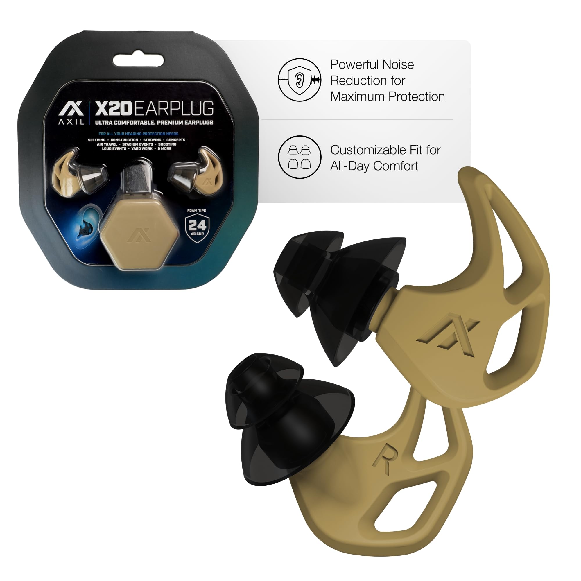 AXIL X20 Noise Reduction Ear Plugs, 24dB Hearing Protection, Desert Tan