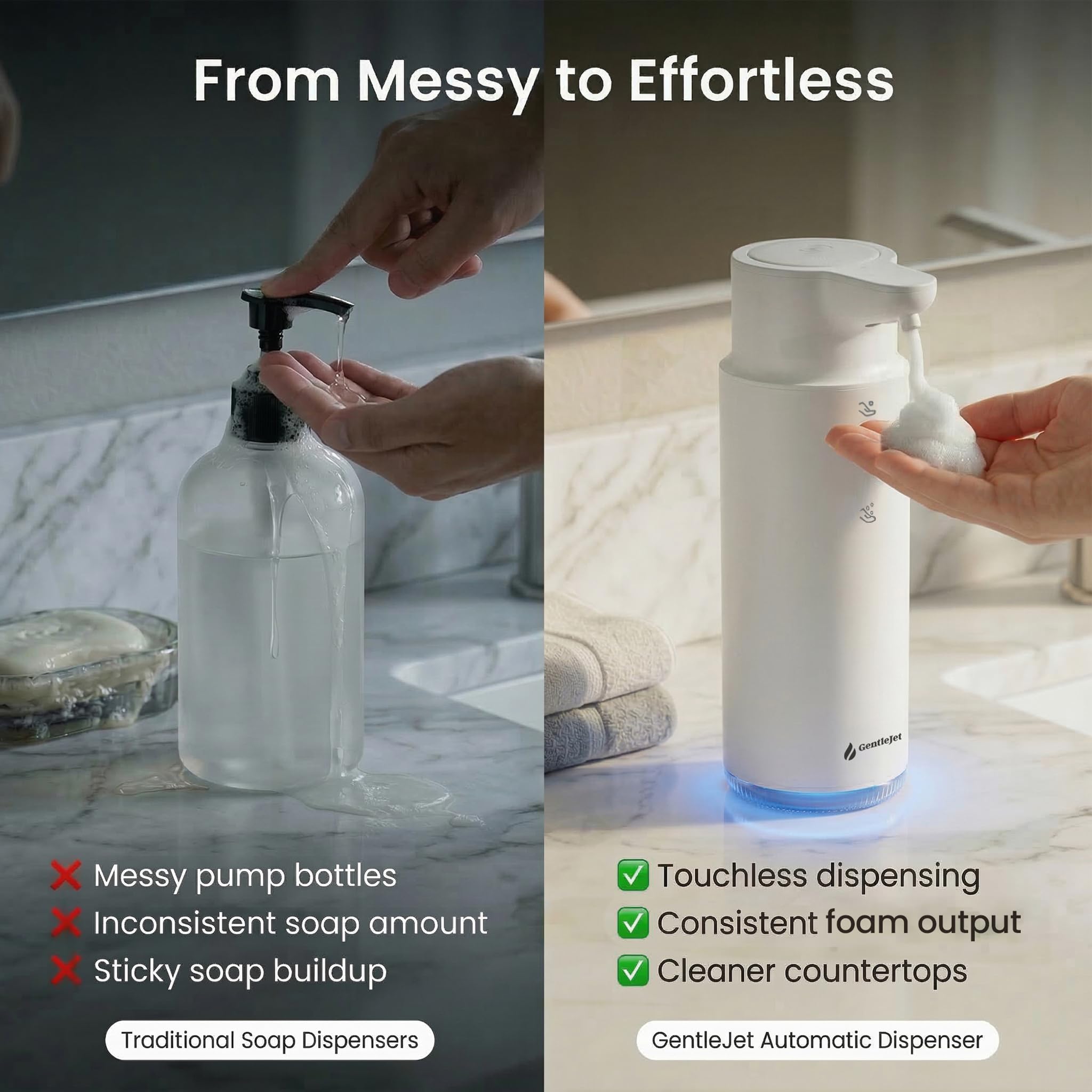 GentleJet CrystalJet Automatic Foaming Soap Dispenser – Touchless Sensor, USB-C Rechargeable, 304 Stainless Steel, IPX5 Waterproof for Bathroom Kitchen Sink, 10 fl oz / 300 ml