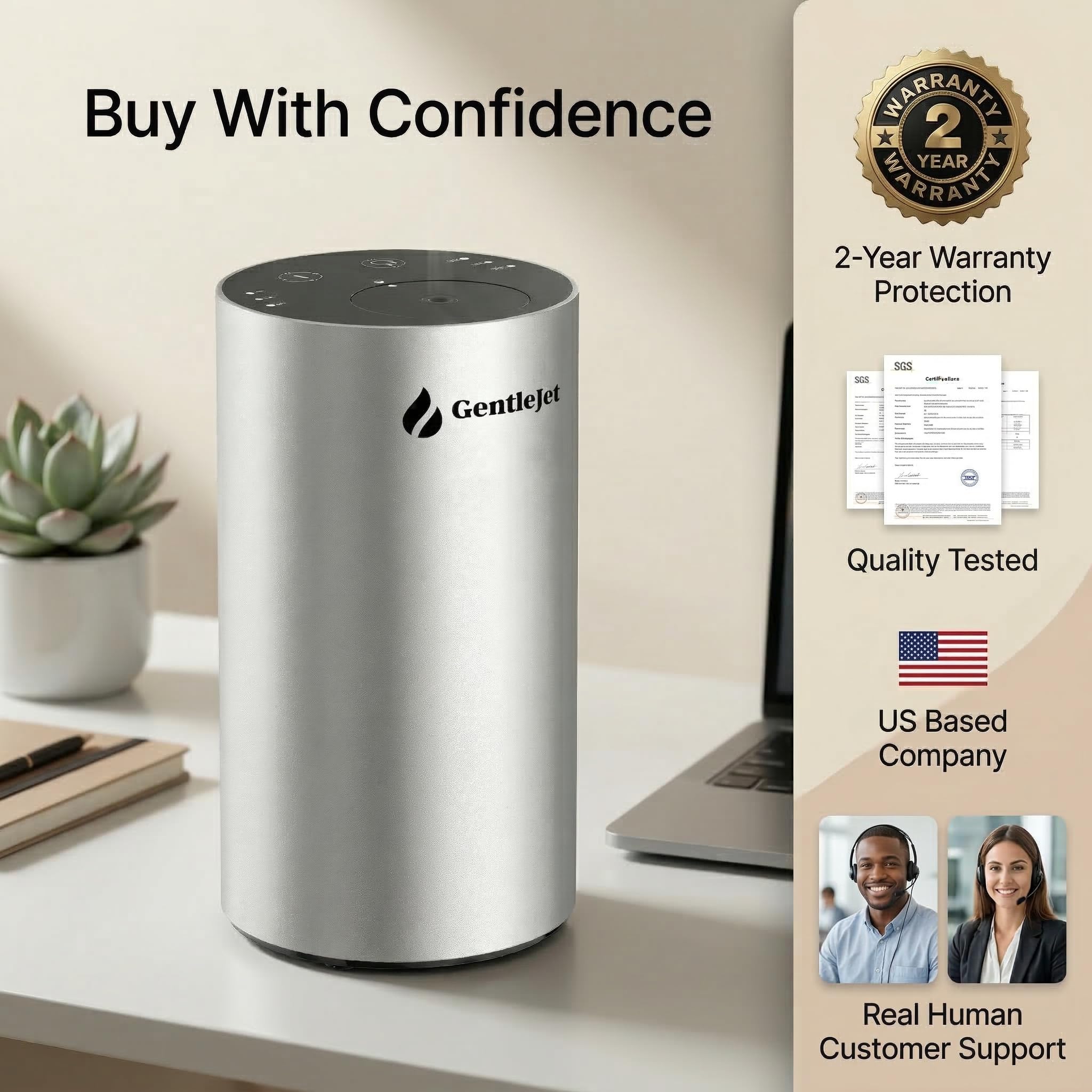 GentleJet LiteMist Waterless Nebulizing Essential Oil Diffuser – Cold Air Aromatherapy, USB-C Cordless 2000mAh Battery, Aluminum Portable for Home Office Car, 20ml