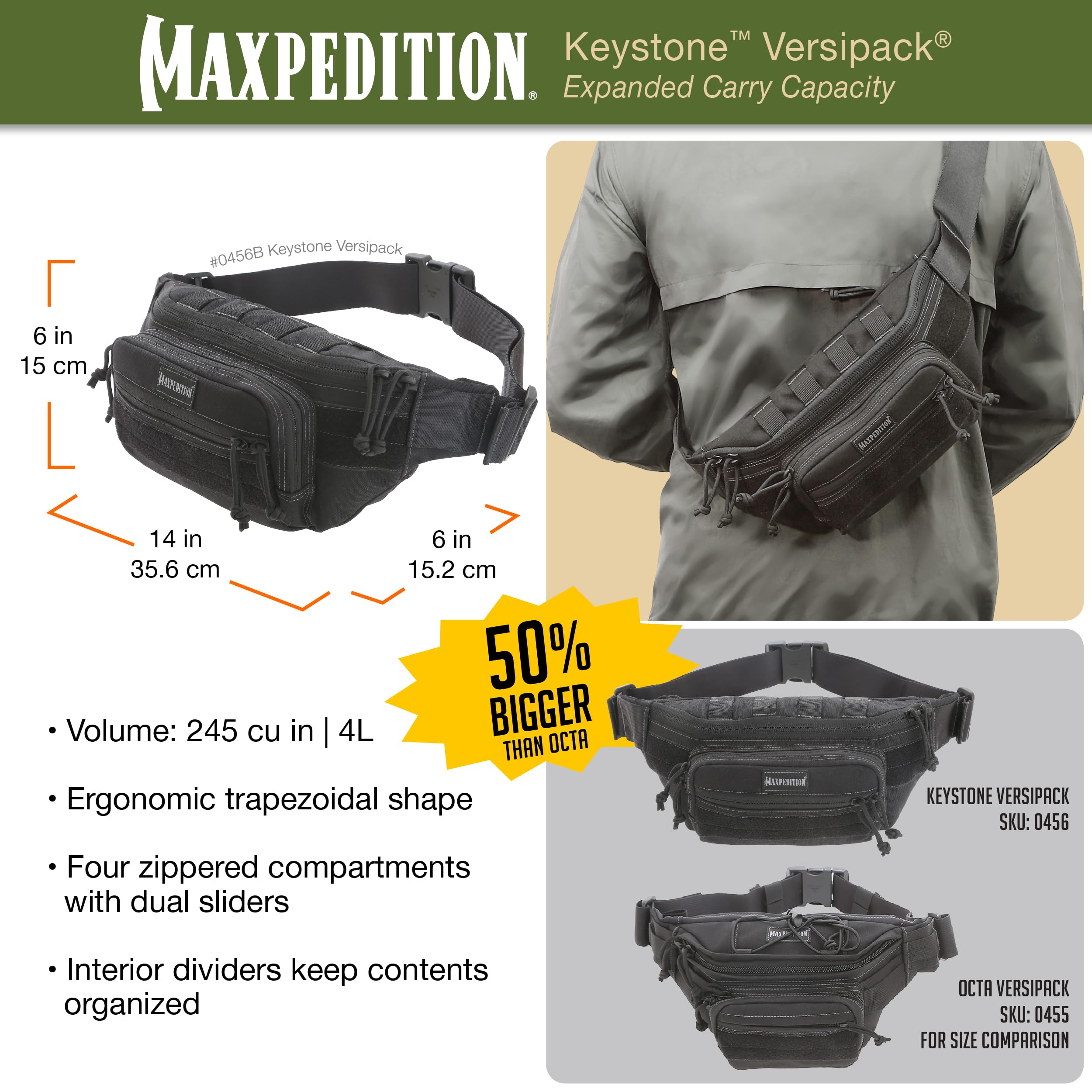 Maxpedition Keystone Versipack (0456B, Black) Tactical EDC Waist Pack