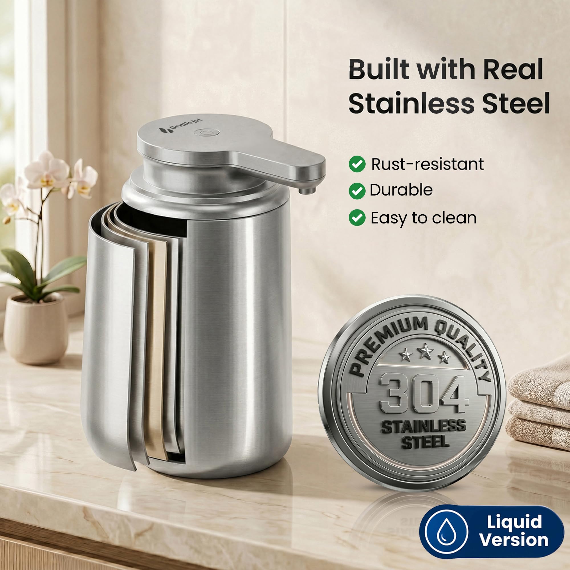 GentleJet WaveJet Automatic Liquid Soap Dispenser Touchless Sensor, USB-C Rechargeable, 304 Stainless Steel, IPX5 Waterproof for Bathroom Kitchen Sink, 10 oz / 300 ml
