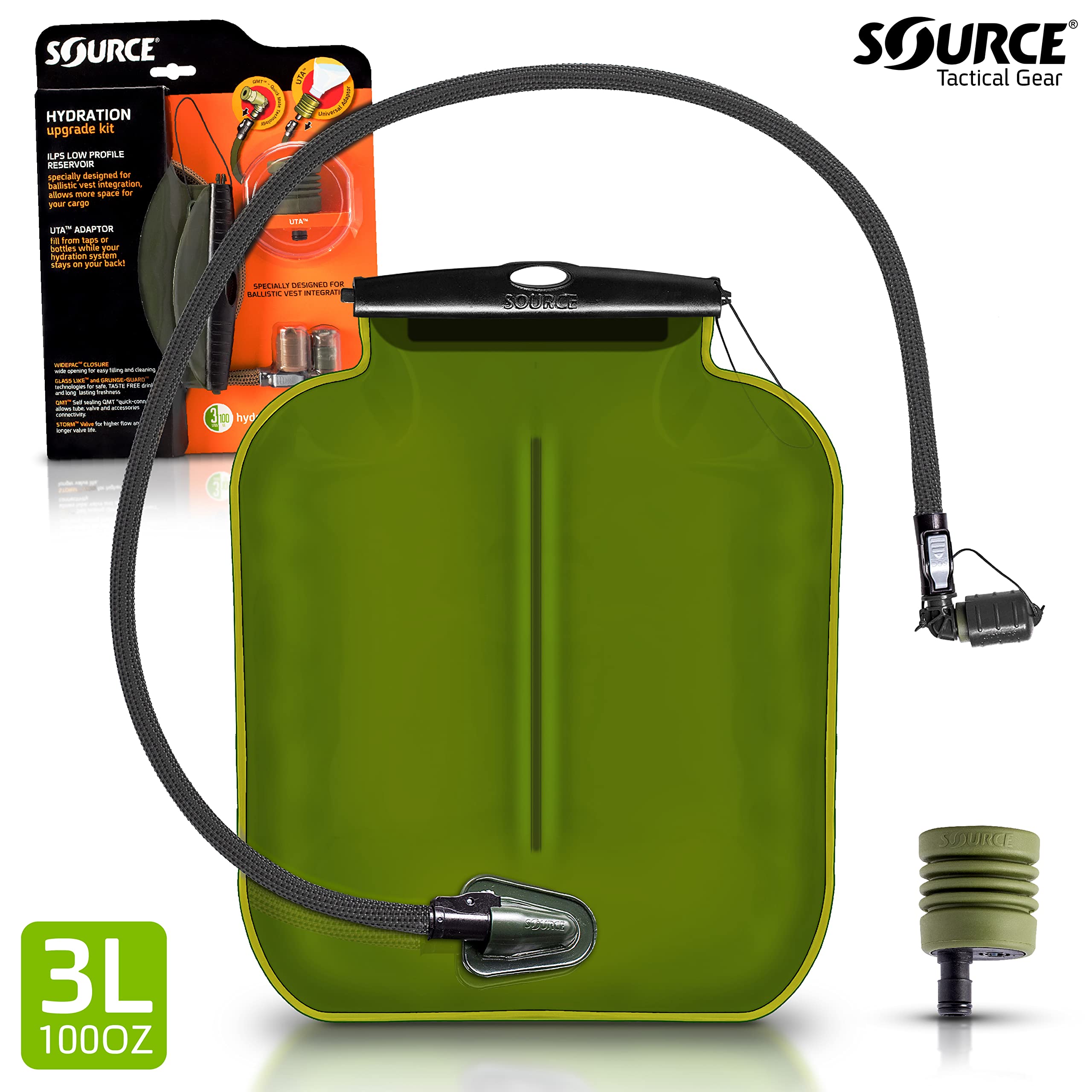 Source Tactical ILPS 3L Low Profile Widepac Bladder - for Integration with Ballistic Vest - High-Flow Storm Drinking Valve - Leakproof Widepac Closure - Including UTA Rapid Refill Adaptor - 100oz