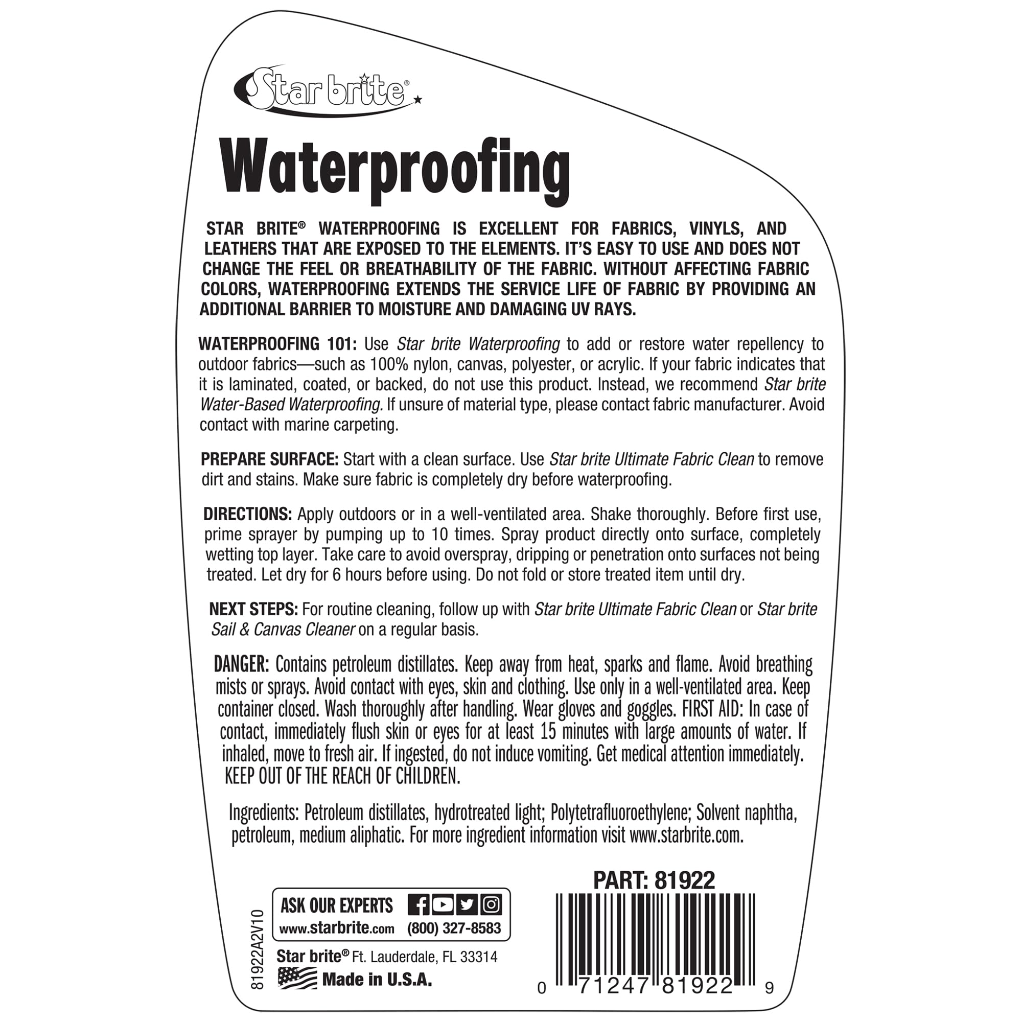 STAR BRITE 081922XX Fabric Waterproofer with Stain Repellent and UV Protection - 22 oz.