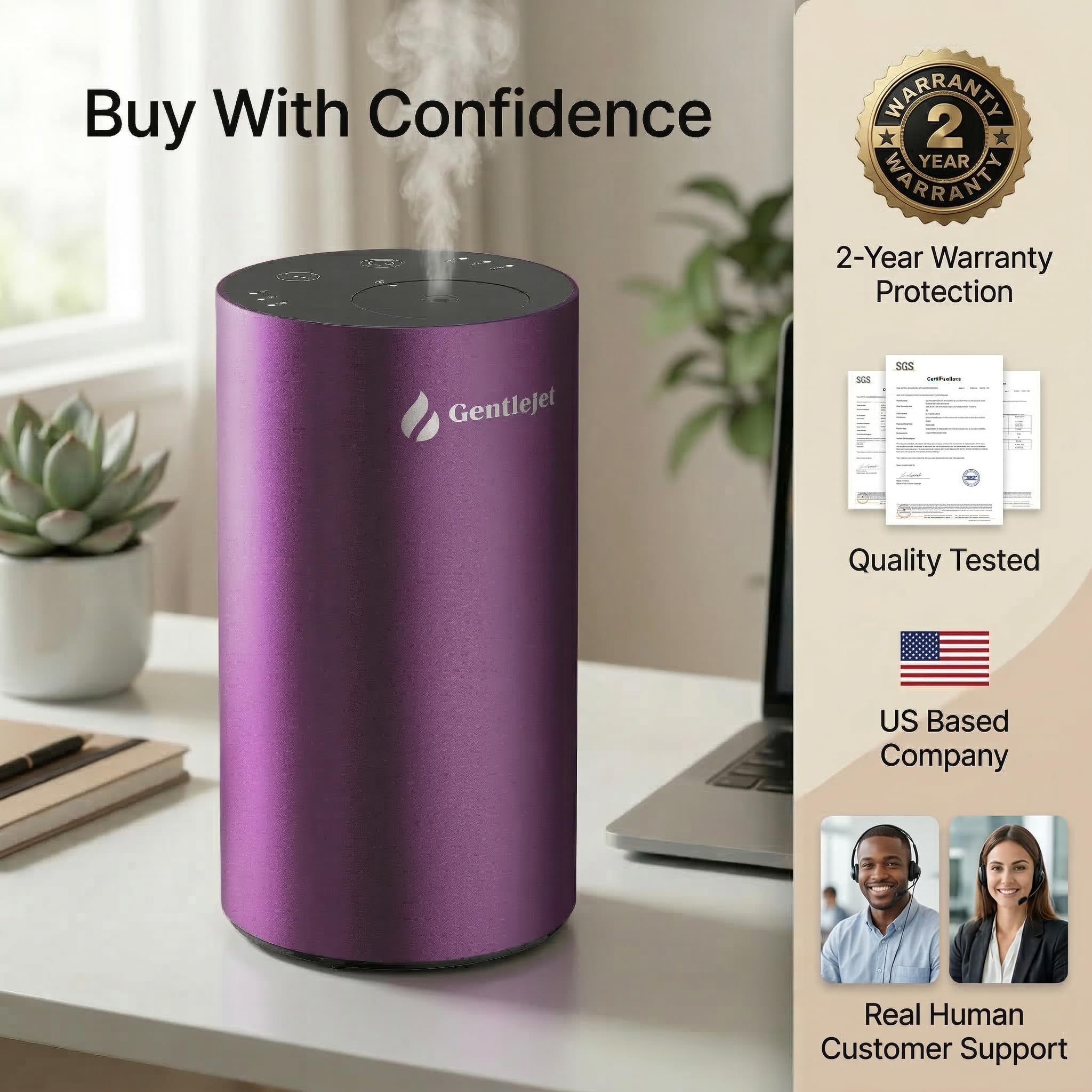 GentleJet LiteMist Waterless Nebulizing Essential Oil Diffuser – Cold Air Aromatherapy, USB-C Cordless 2000mAh Battery, Aluminum Portable for Home Office Car, 20ml