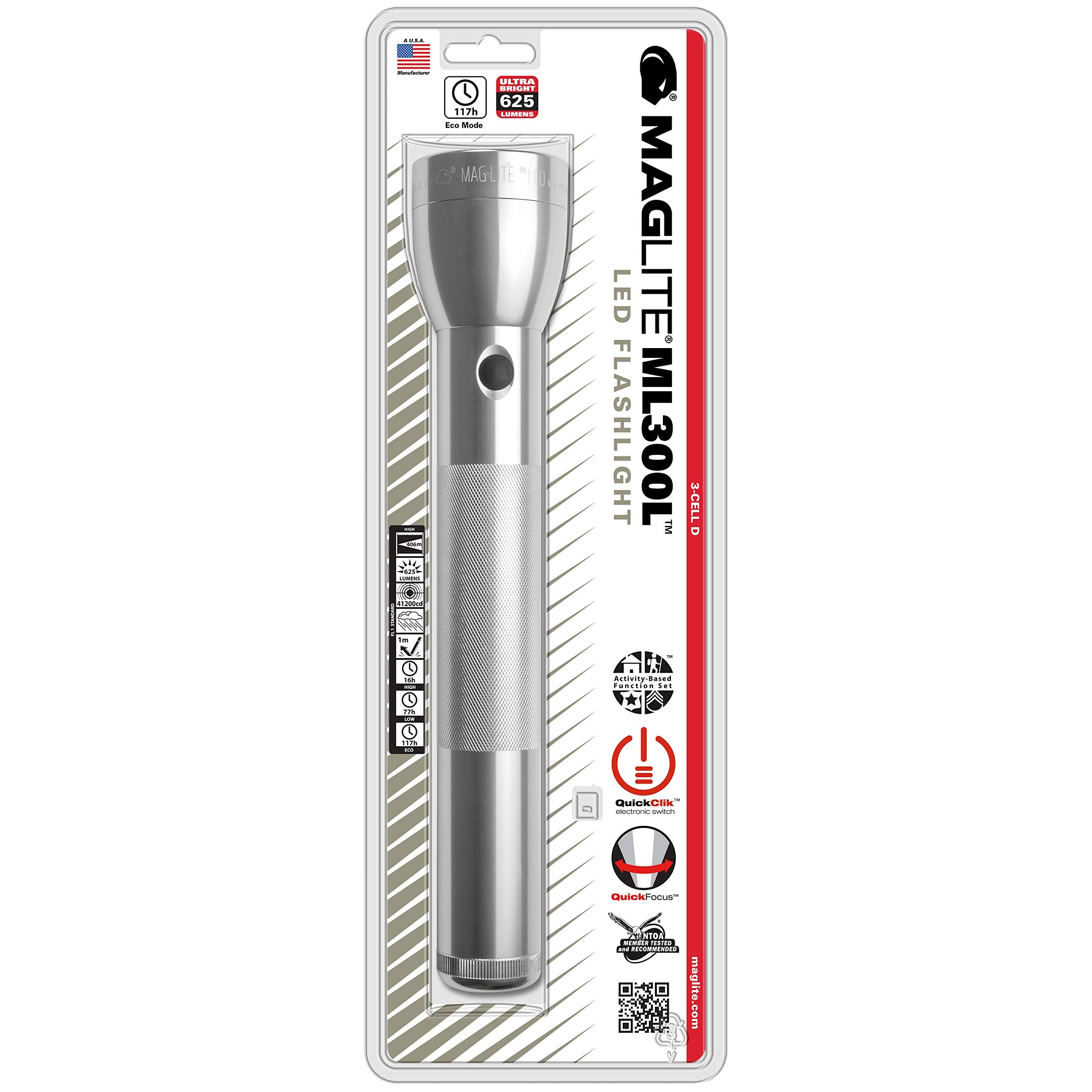 Maglite ML300L LED 3-Cell D Flashlight, Adjustable Focus, Long Battery Life, Water-Resistant, Tactical and Emergency Use – Silver