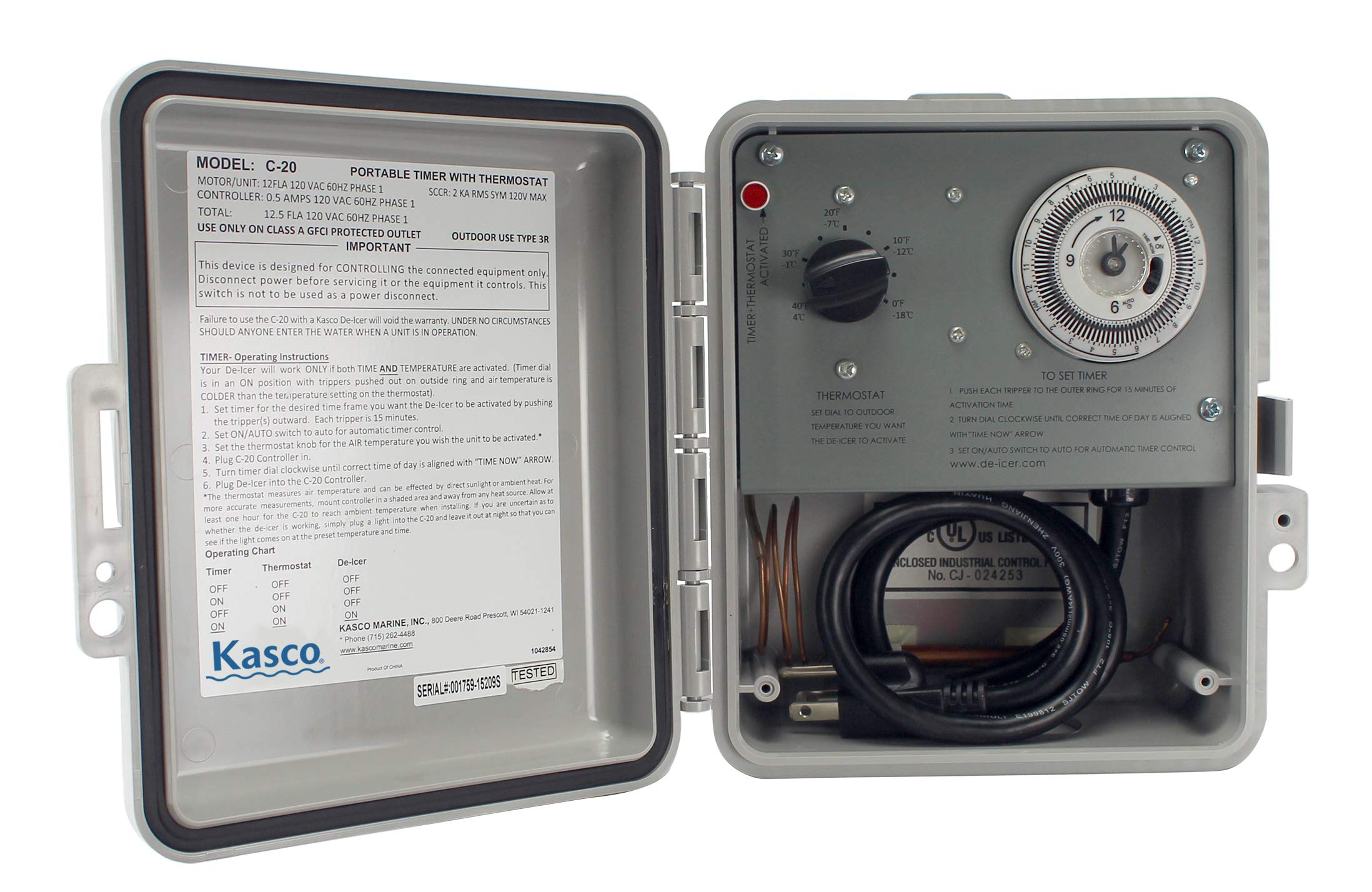 Kasco De-Icer Time & Temperature Controller C-20 - Air Temperature Thermostat and Timer | Automatically Turn On/Off 120V De-icer | Operates B/W 0-80 F