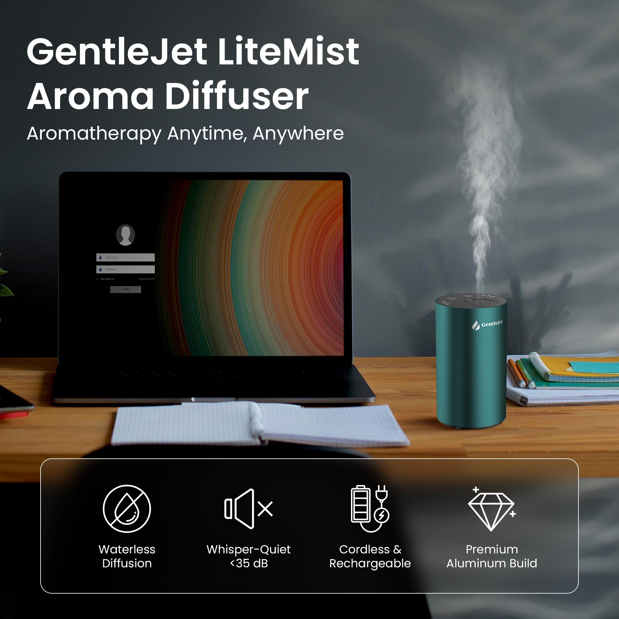 GentleJet LiteMist Waterless Nebulizing Essential Oil Diffuser – Cold Air Aromatherapy, USB-C Cordless 2000mAh Battery, Aluminum Portable for Home Office Car, 20ml