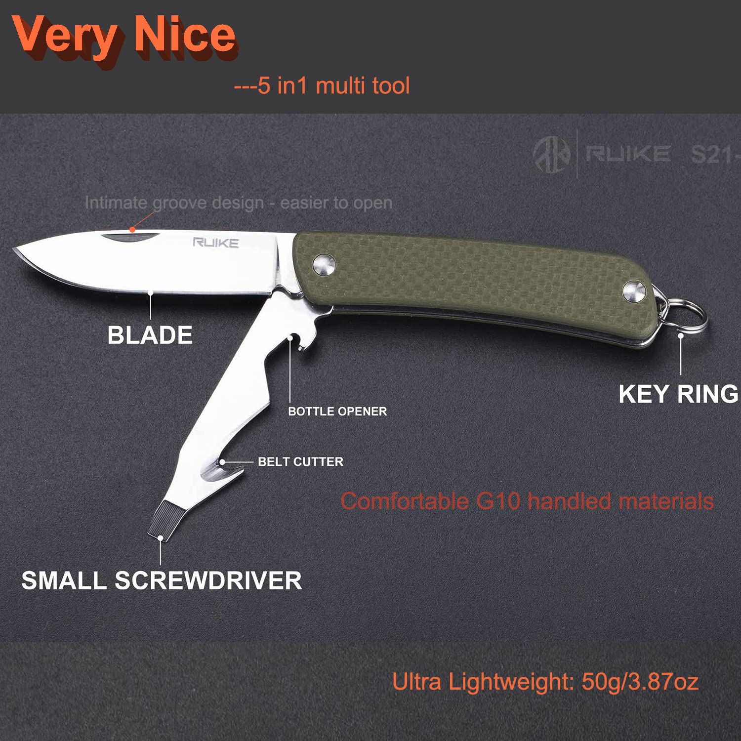 Ruike Small Keychain Knife for Men,Women Gifts,5 in1 Multitool, 12C27 Steel,Mini EDC Tactical Folding Pocket Knives Camping Key Tool,Multifunction,Scissors,Screwdriver,Bottle Opener,Cute Outdoor Gear