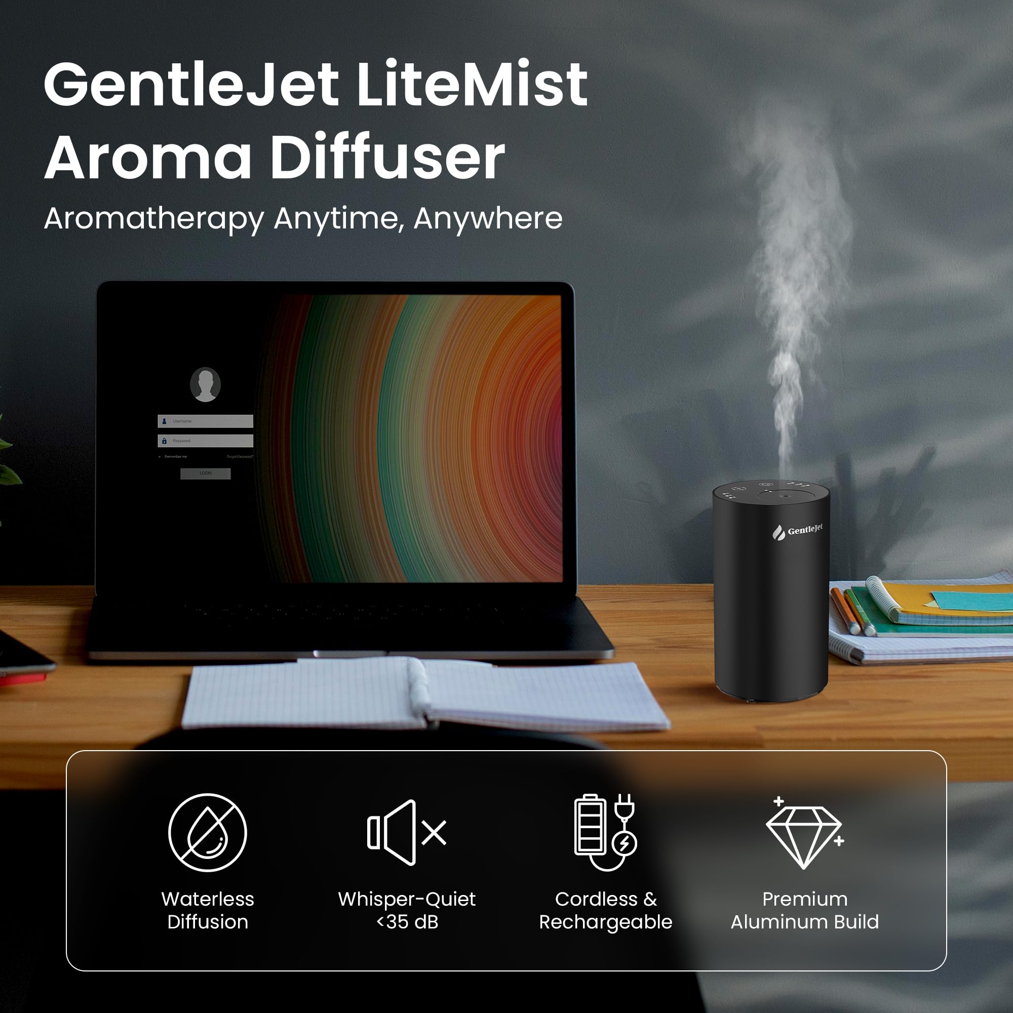 GentleJet LiteMist Waterless Nebulizing Essential Oil Diffuser – Cold Air Aromatherapy, USB-C Cordless 2000mAh Battery, Aluminum Portable for Home Office Car, 20ml