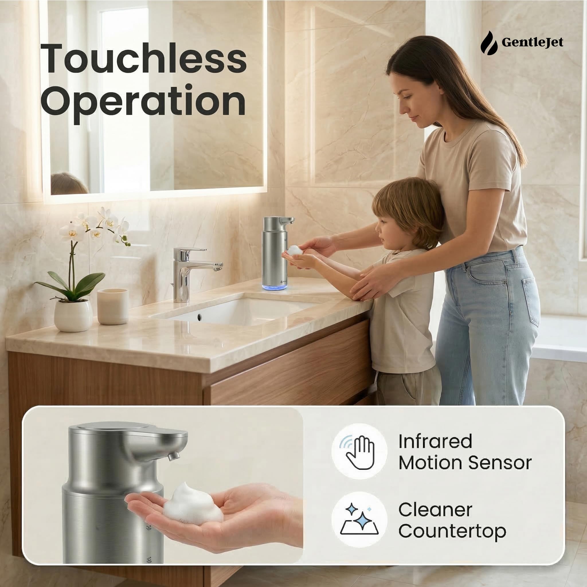 GentleJet CrystalJet Automatic Foaming Soap Dispenser – Touchless Sensor, USB-C Rechargeable, 304 Stainless Steel, IPX5 Waterproof for Bathroom Kitchen Sink, 10 fl oz / 300 ml