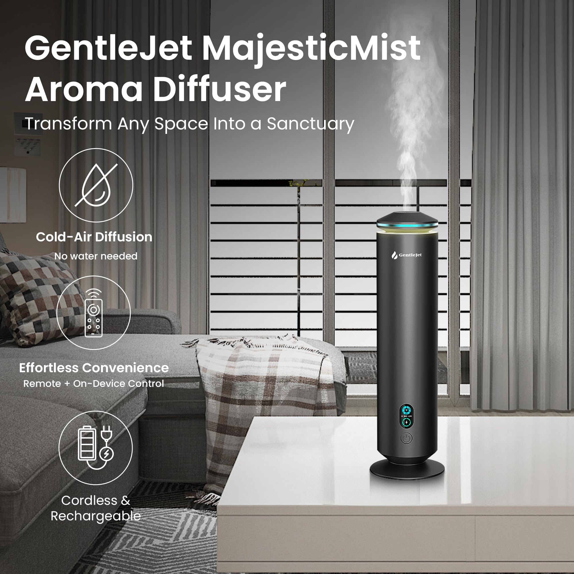 GentleJet MajesticMist Waterless Essential Oil Diffuser - Aluminum Aromatherapy Scent Diffusers for Home, Room & Hotel, Quiet Aroma Diffuser, Remote Control
