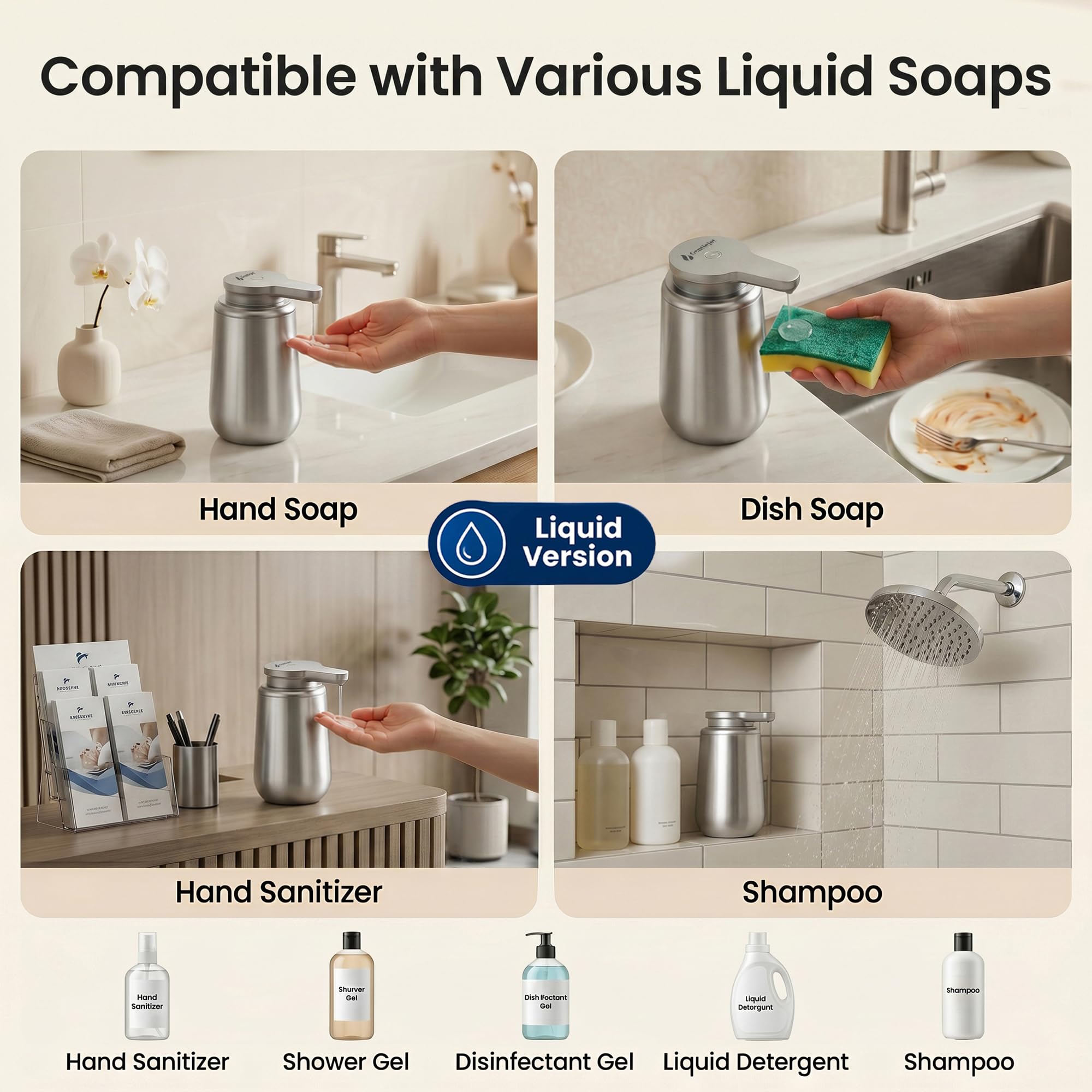 GentleJet NovaJet Automatic Liquid Soap Dispenser Touchless Sensor, USB-C Rechargeable, 304 Stainless Steel, IPX5 Waterproof for Bathroom Kitchen Sink, 10 oz / 300 ml