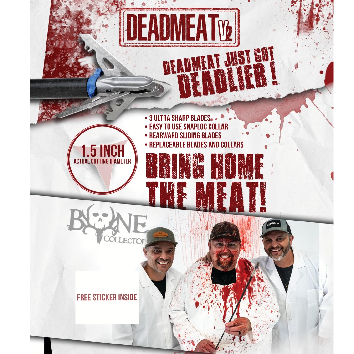 G5 Outdoors Deadmeat 100% Steel Expandable Standard Broadhead (3 Pack + Practice Tip) (Made in The USA)