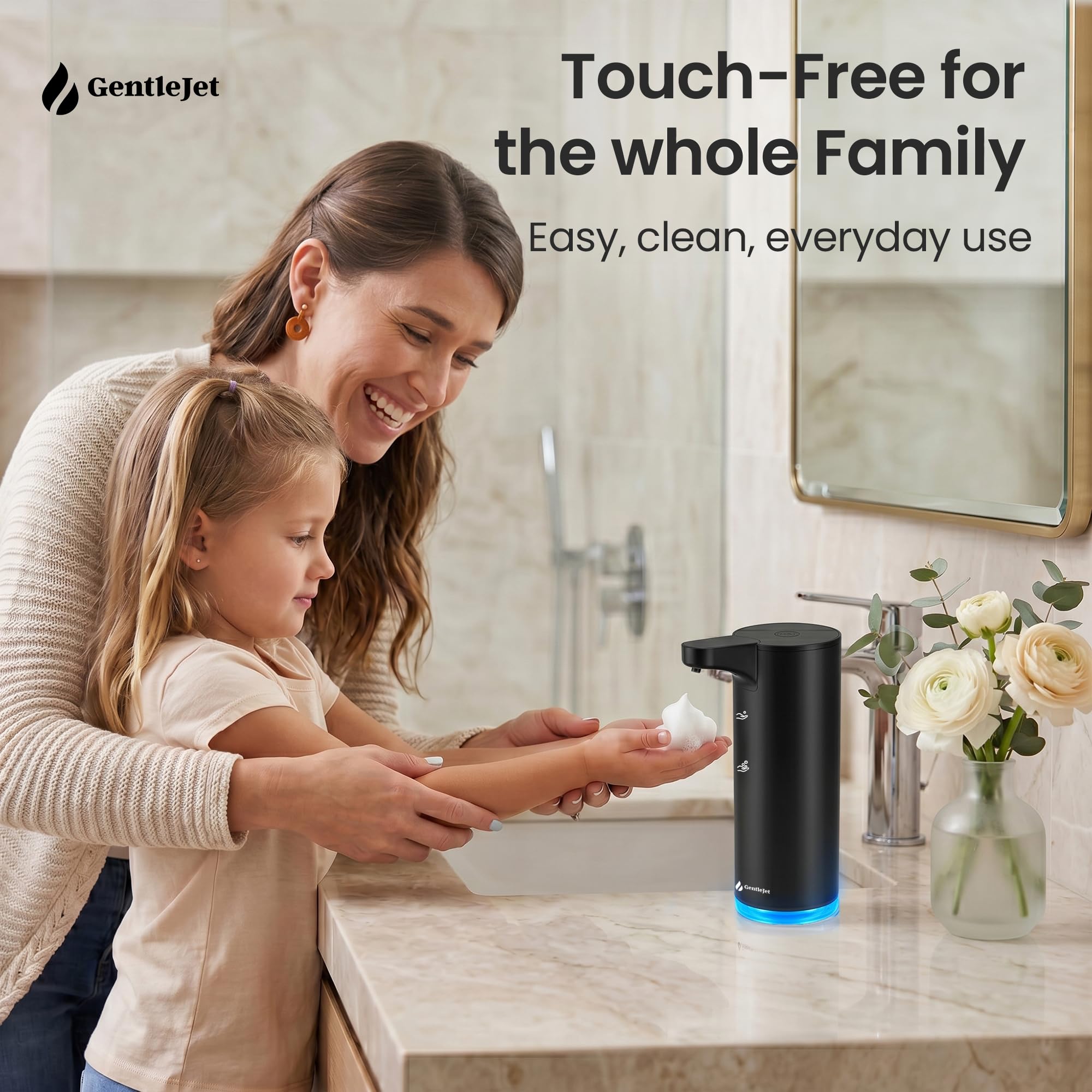 GentleJet EasyFoam Automatic Foaming Soap Dispenser – Touchless Sensor, USB-C Rechargeable, 304 Stainless Steel, IPX5 Waterproof for Bathroom Kitchen Sink, 9.5 oz / 280 ml