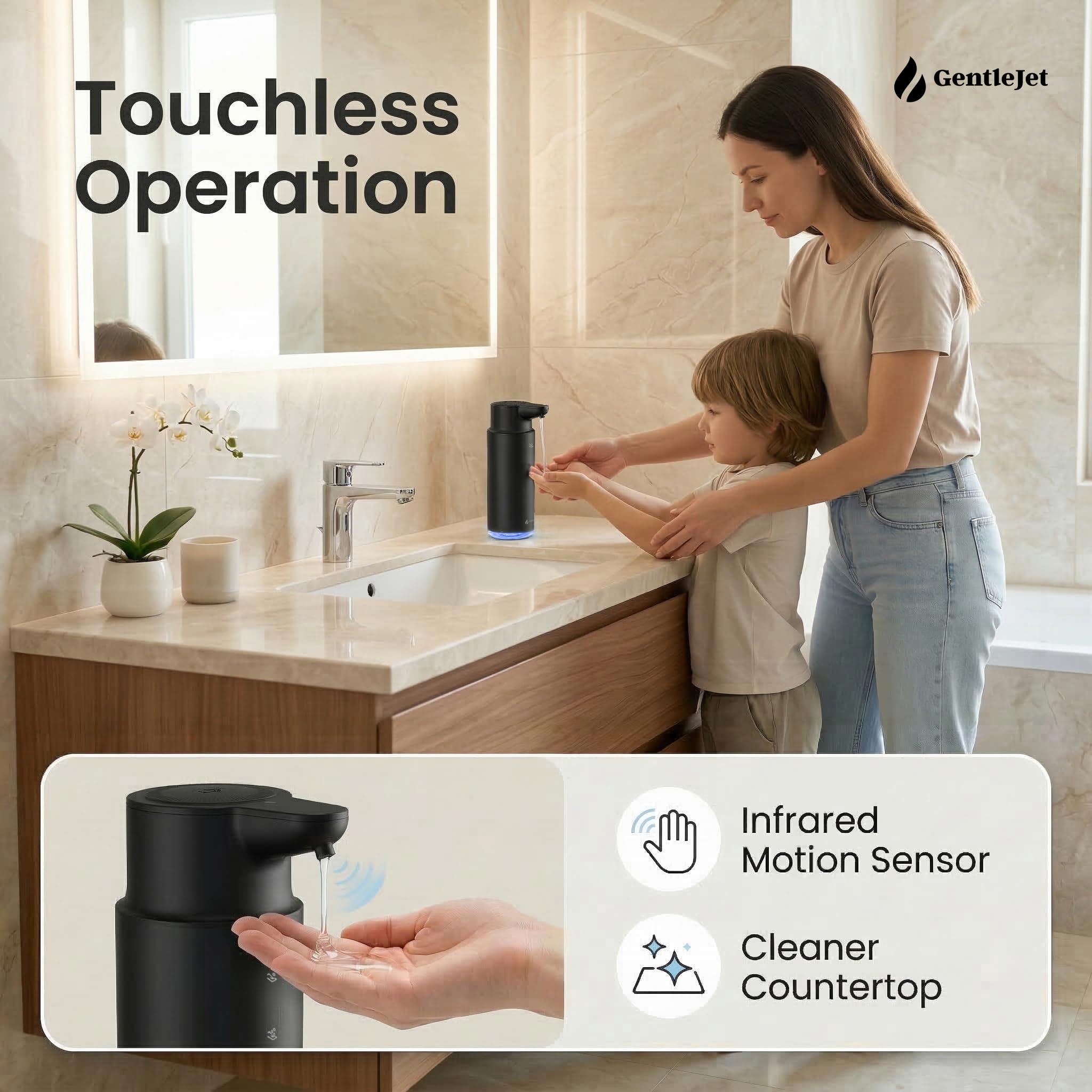 GentleJet CrystalJet Automatic Liquid Soap Dispenser – Touchless Sensor, USB-C Rechargeable, 304 Stainless Steel, IPX5 Waterproof for Bathroom Kitchen Sink, 10 fl oz / 300 ml