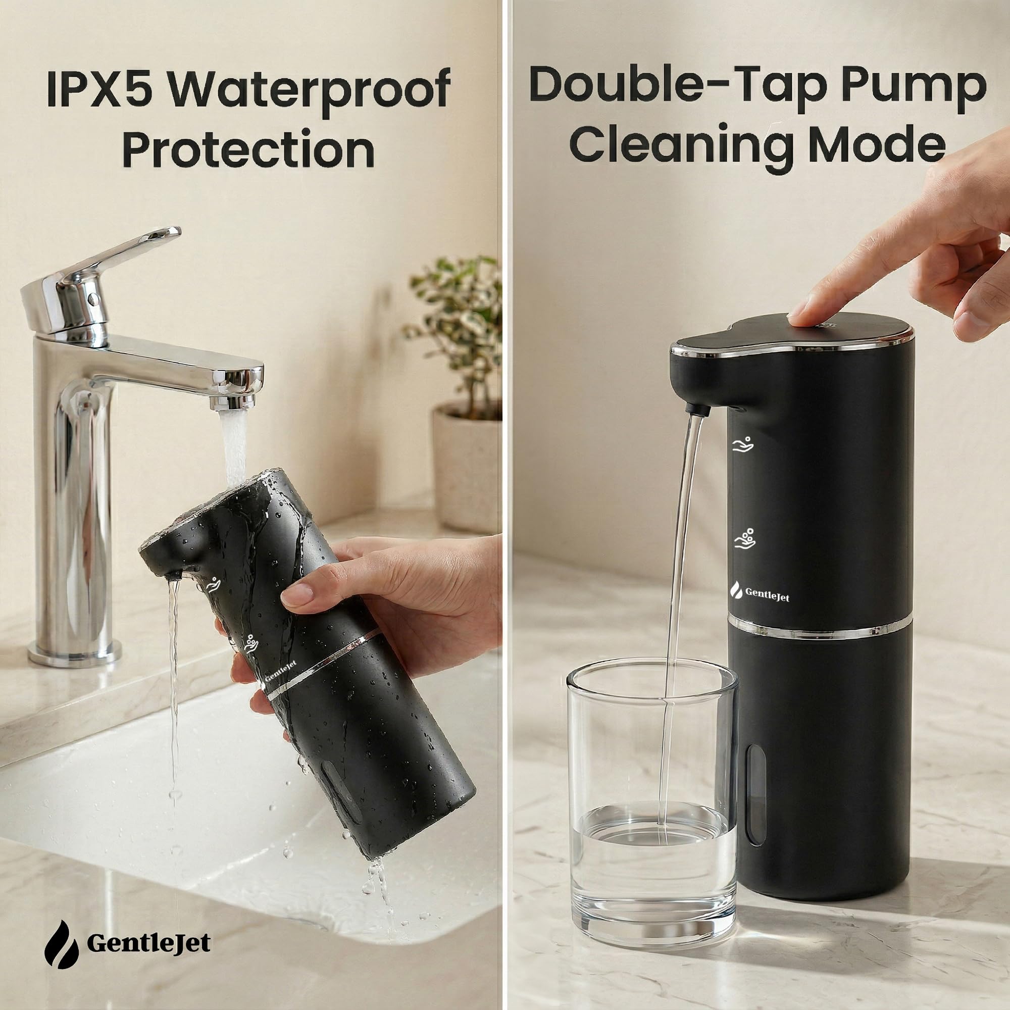 GentleJet JetFoam Automatic Foaming Soap Dispenser – Touchless Sensor, USB-C Rechargeable, Adjustable Output, IPX5 Waterproof for Bathroom Kitchen Sink, 10 oz / 300 ml