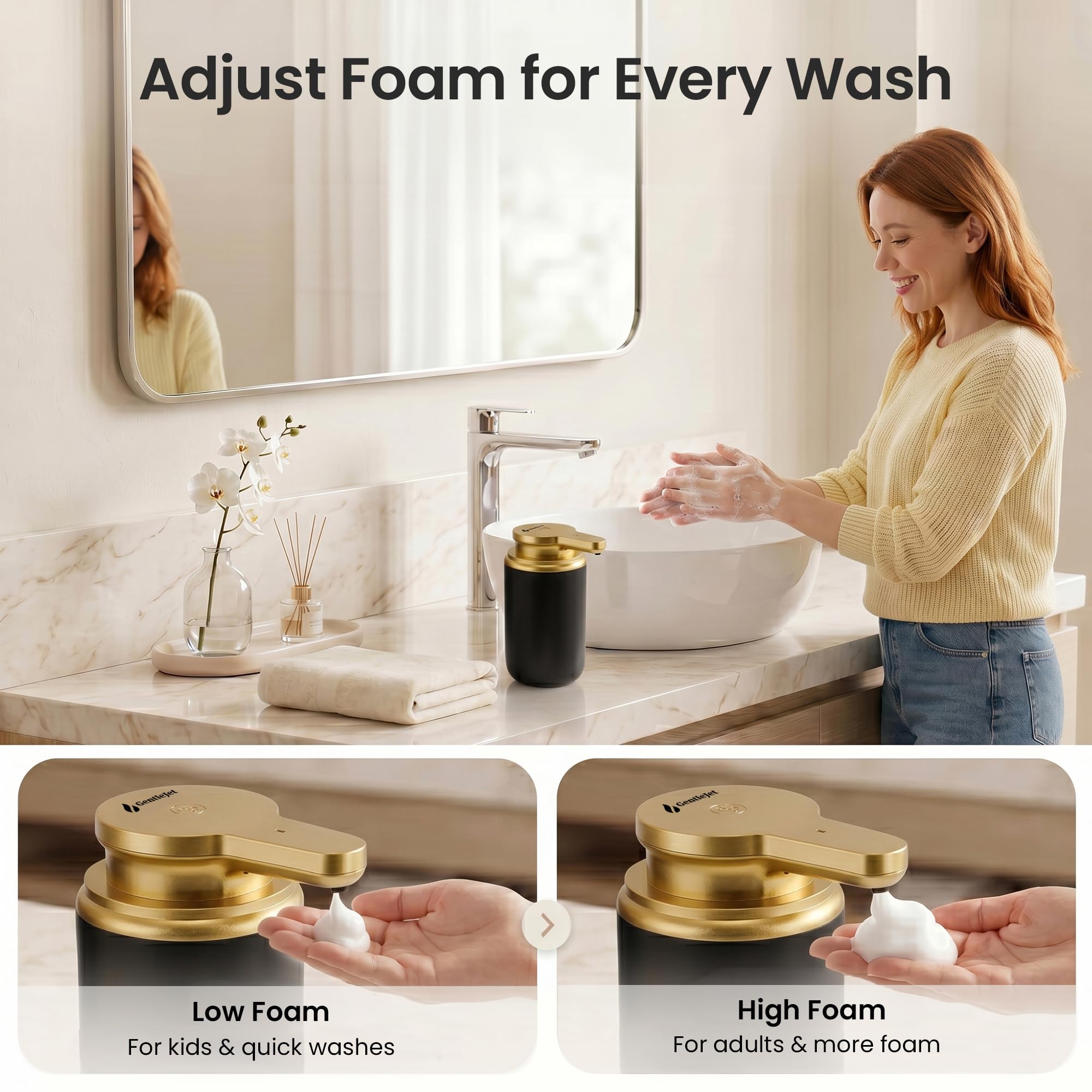 GentleJet SimpleFoam Automatic Foaming Soap Dispenser Touchless - Rechargeable Sensor Soap Dispenser for Bathroom & Kitchen Sink, Dual Foam Levels, Auto-Clean, IPX5 Waterproof