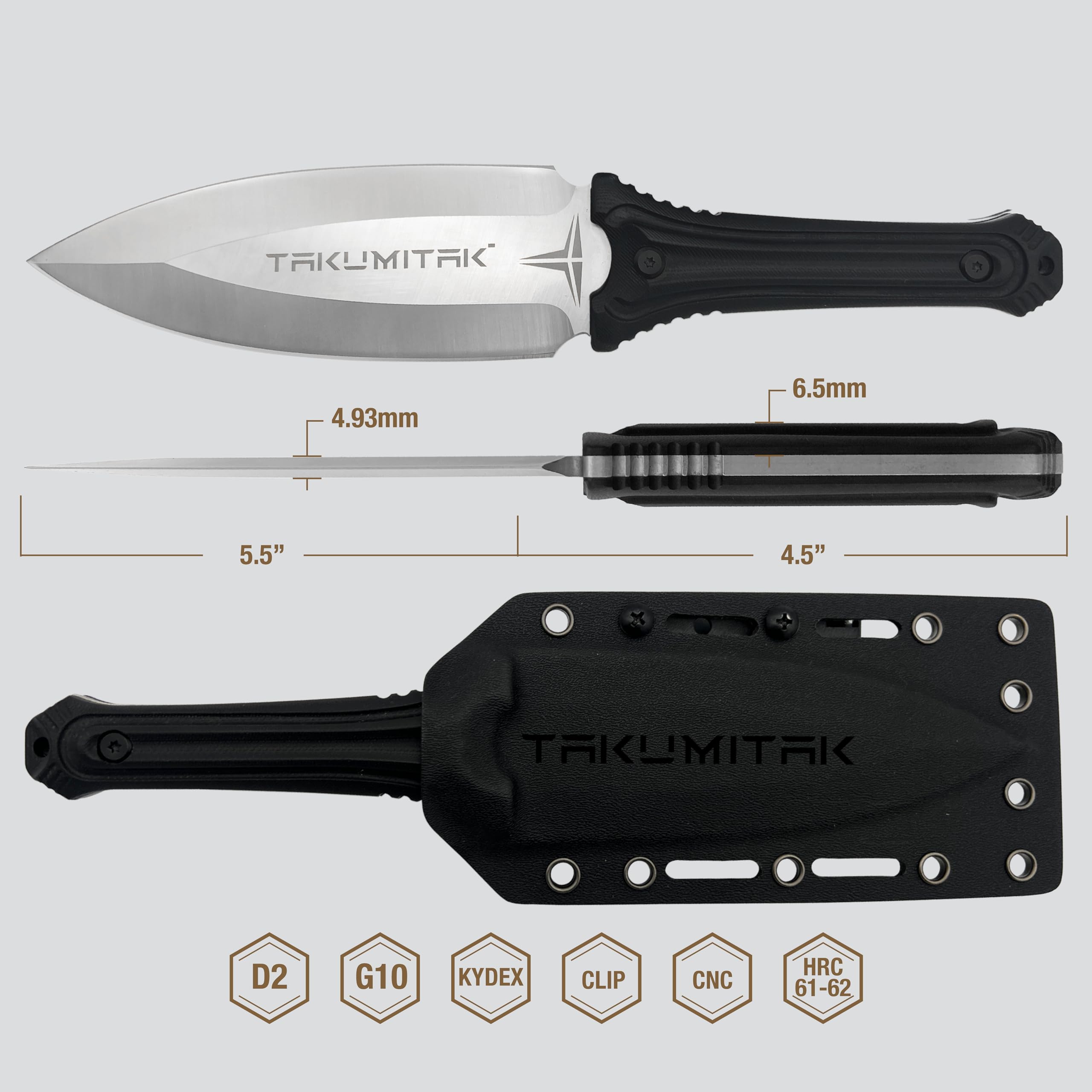 Tactical Fixed Blade Knife D2 Spear Point Blade G10 Handle Kydex Sheath Molle Clip Hunting Camping EDC TKF203SL Silver 82774