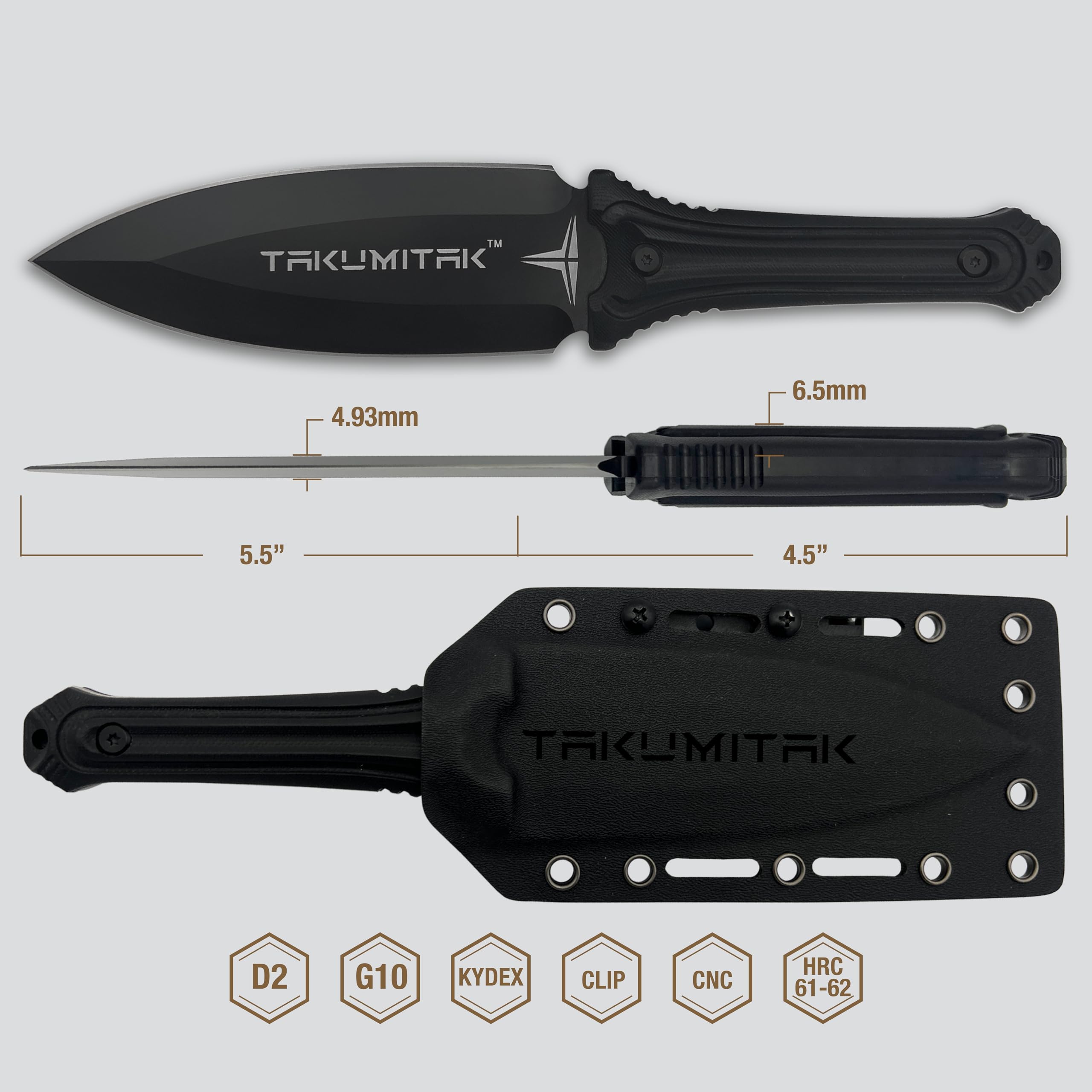 Fixed Blade Hunting Knife D2 Spear Point Blade G10 Handle with Kydex Sheath & Molle Clip for Camping, Hiking and Outdoor Use - TKF203BK Black