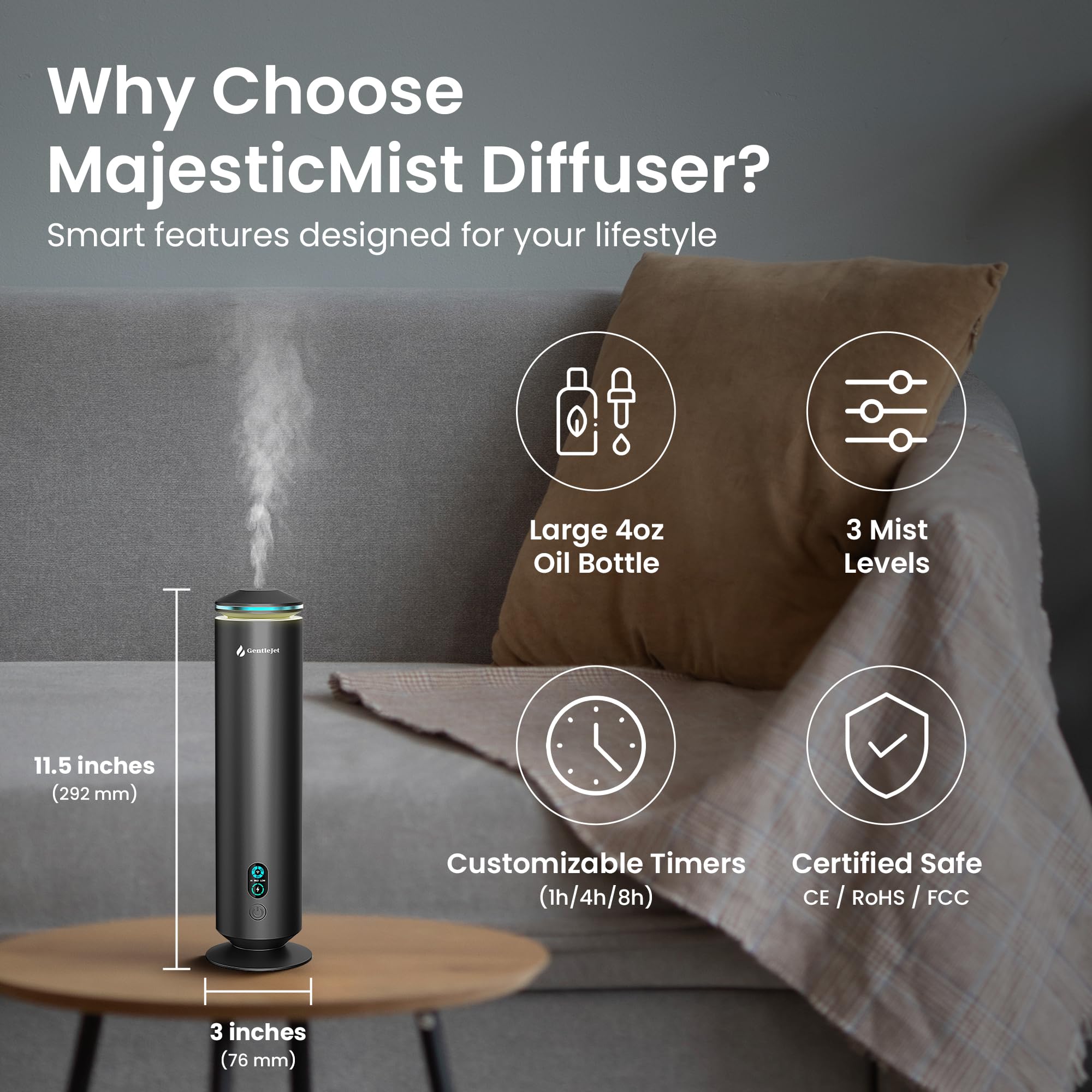 GentleJet MajesticMist Waterless Essential Oil Diffuser - Aluminum Aromatherapy Scent Diffusers for Home, Room & Hotel, Quiet Aroma Diffuser, Remote Control