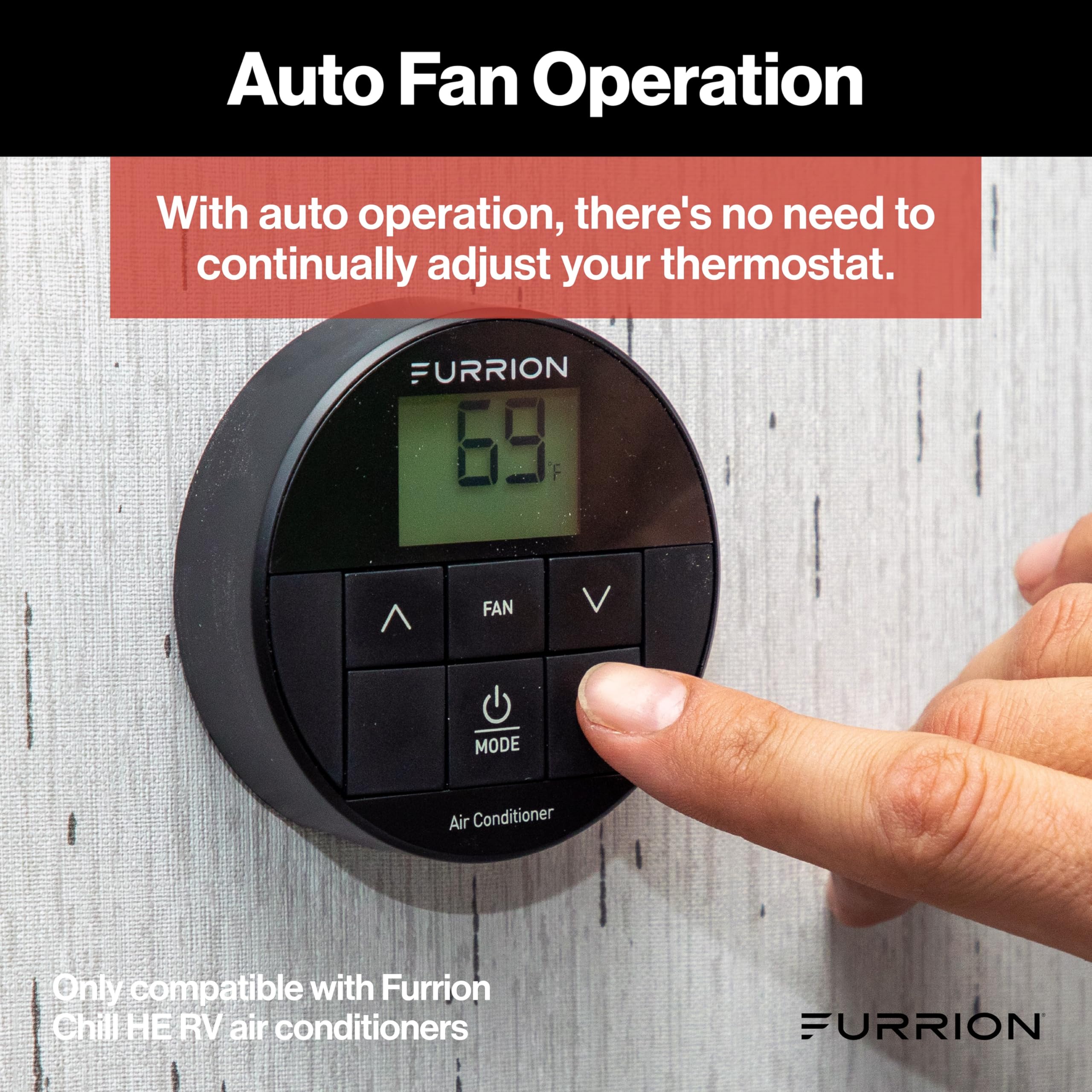 Furrion Chill HE RV Thermostat Single Zone Wall Control, Backlit LCD, Heat Cool Fan Dry Modes, 2 Fan Speeds Auto Fan, 12V, Compatible with Furrion Chill HE Systems - FACW10ESSA-BL