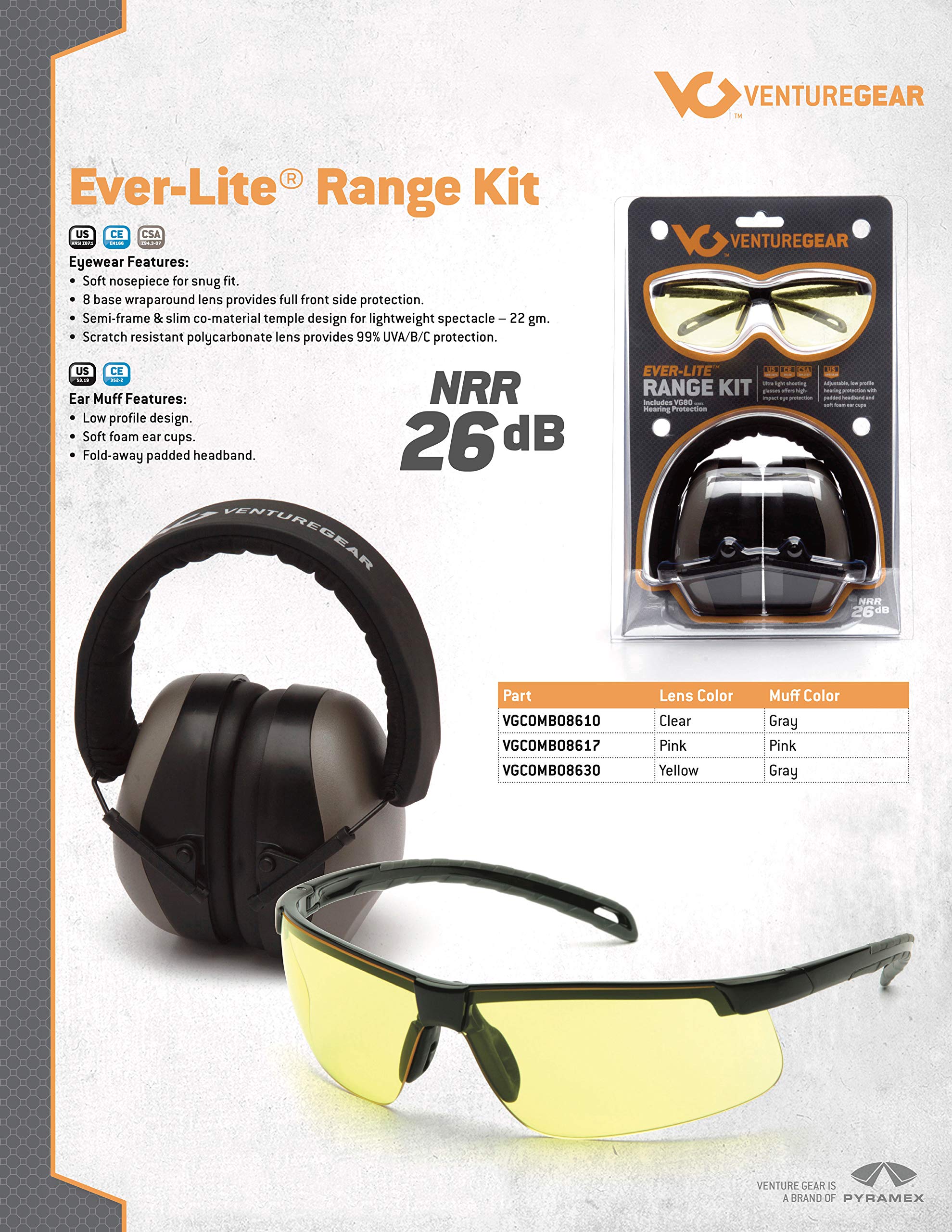 Venture Gear by Pyramex Shooting Glass and Hearing Protection Range Kit, Amber Glasses/Gray Earmuffs,Unisex-Adult,VGCOMBO8630