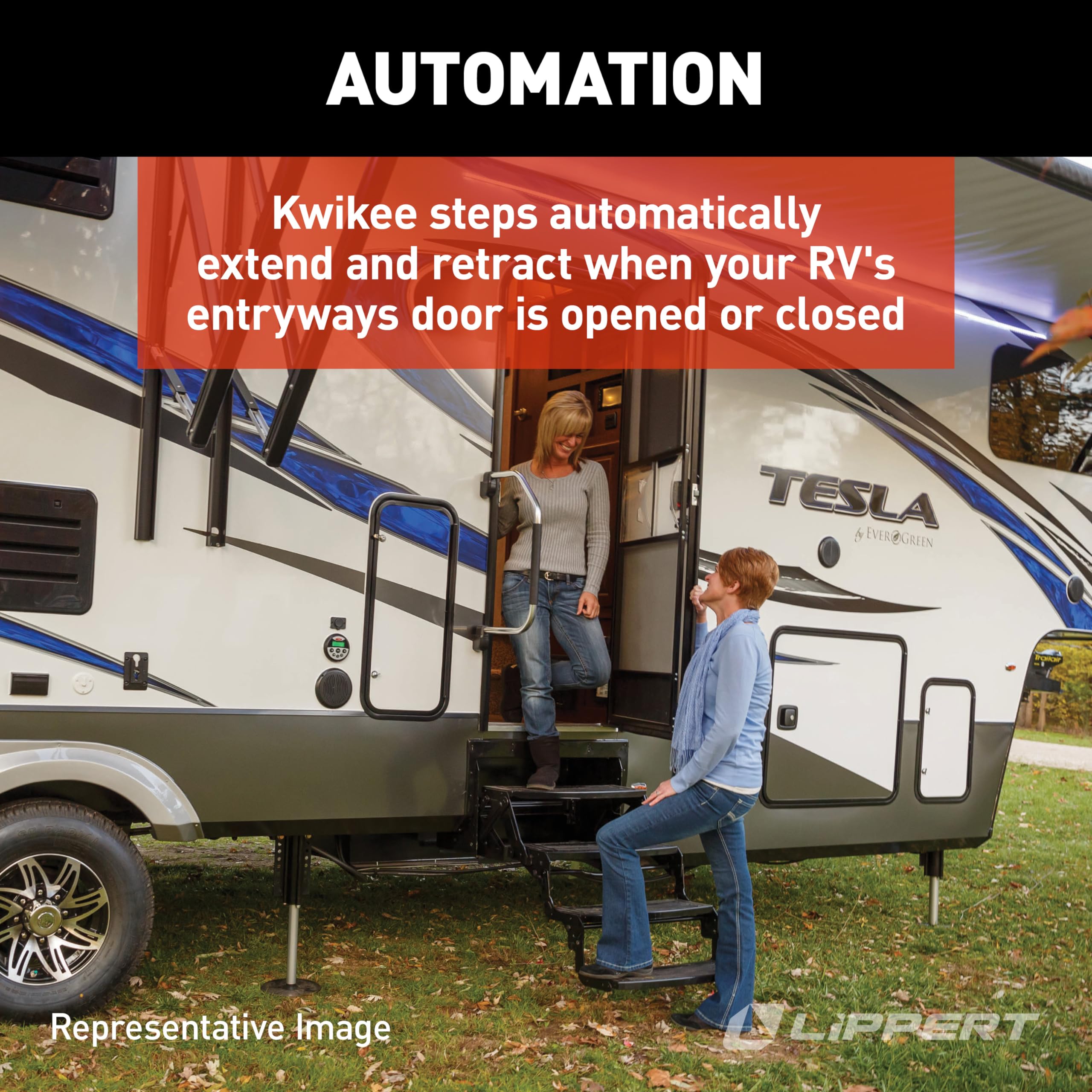 Kwikee 35 Series Single 12V Electric RV Step Assembly, 8.5" Rise, 300 lbs. Heavy-Gauge Steel, Obstruction Sensors, Hidden Light, Anti-Slip Steps, Travel Trailers, 5th Wheels, Campers - 903500906