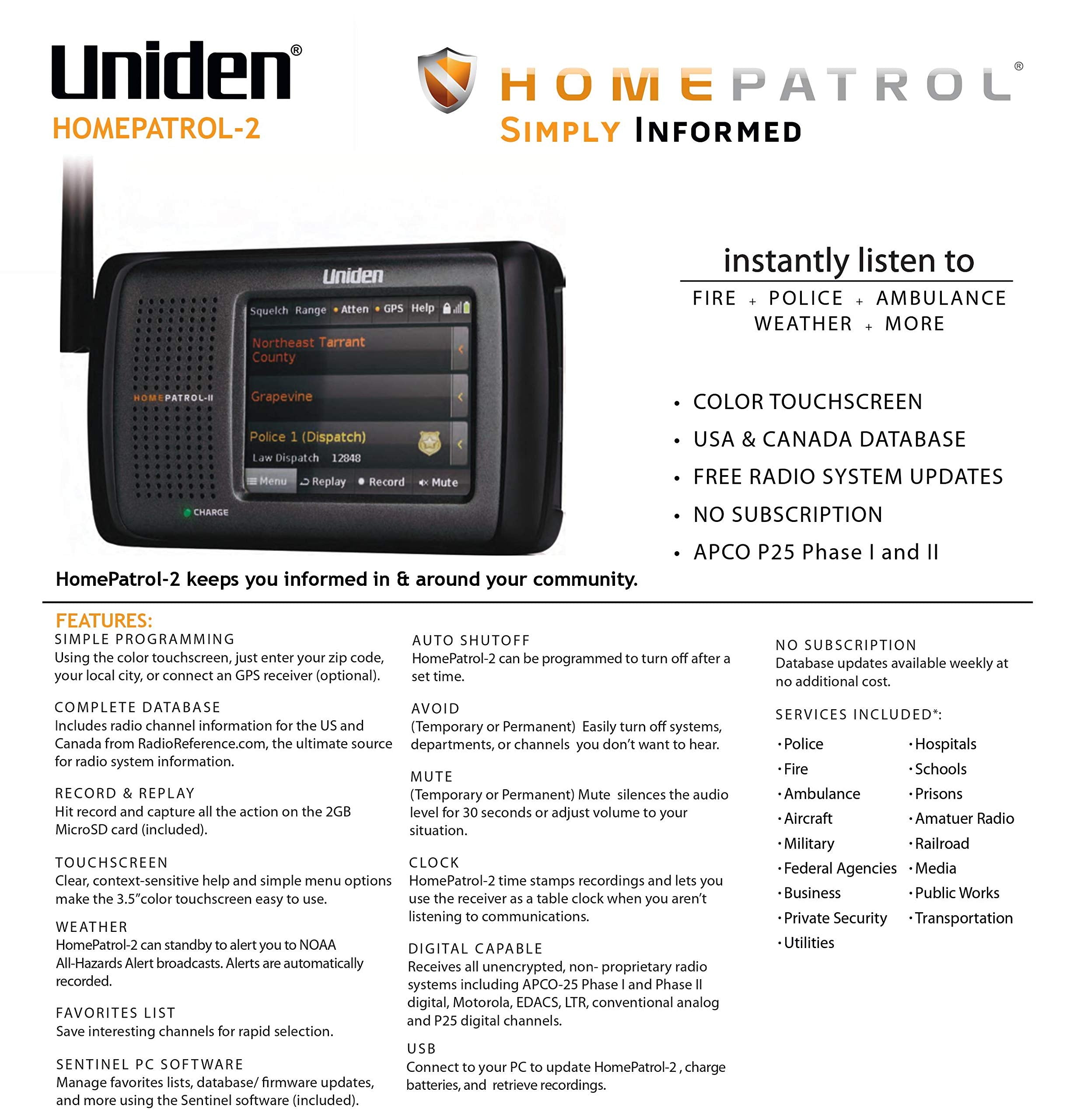 Uniden HomePatrol-2 Color Touchscreen Simple Programing Digital Scanner, TrunkTracker V and S,A,M,E, Emergency/Weather Alert, Digital Capable, APCO P25 Phase 1 and 2, Covers USA and Canada