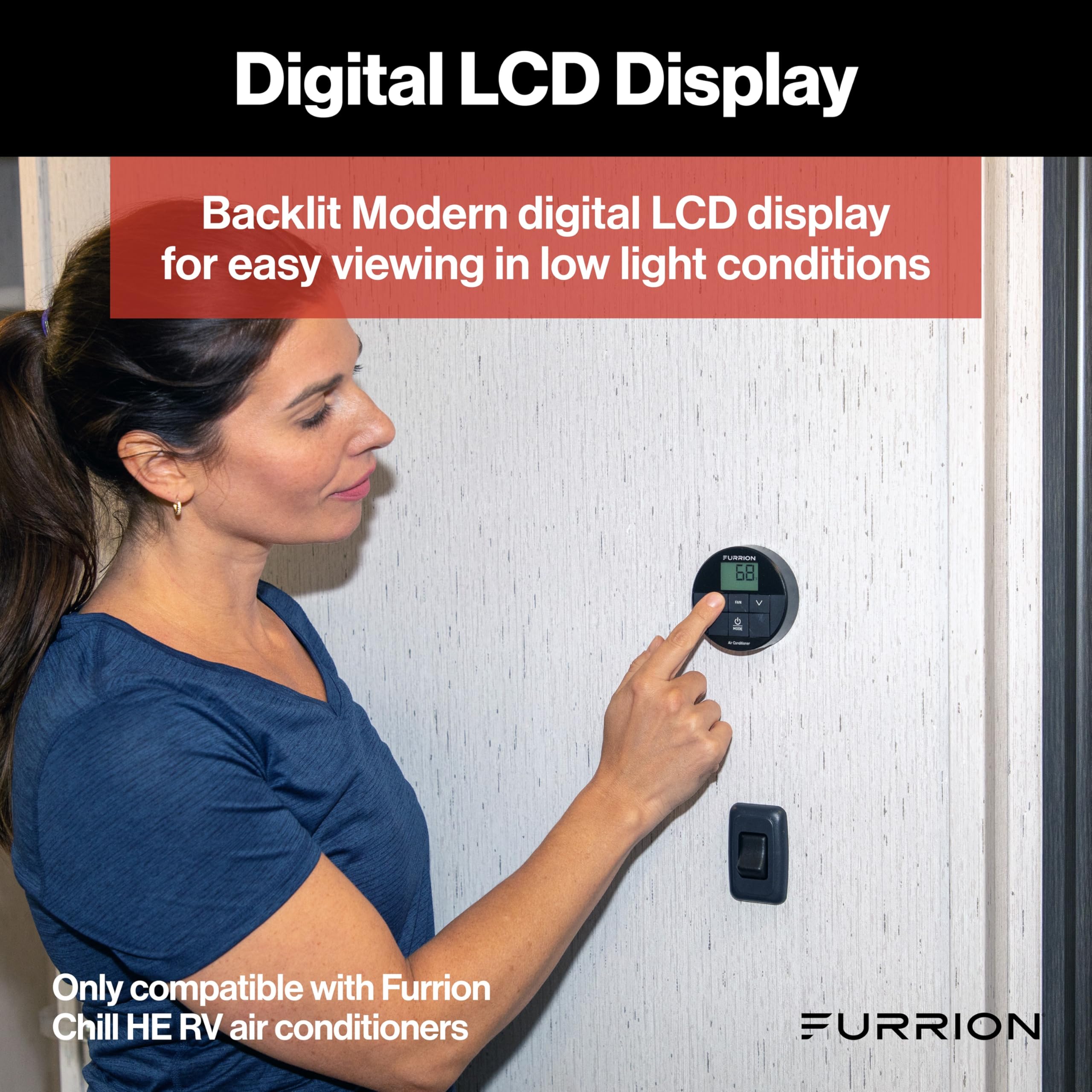 Furrion Chill HE RV Thermostat Single Zone Wall Control, Backlit LCD, Heat Cool Fan Dry Modes, 2 Fan Speeds Auto Fan, 12V, Compatible with Furrion Chill HE Systems - FACW10ESSA-BL