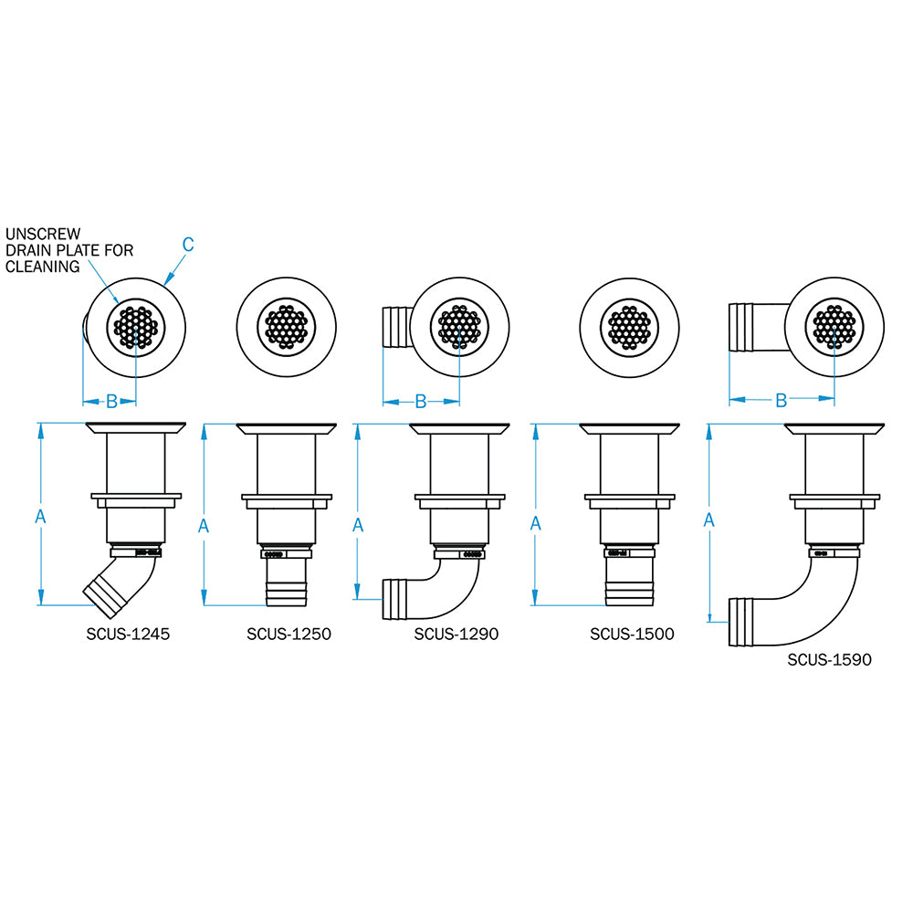Groco SCUS-1245 1-1/4" Stainless 45 Degree Deck Drain