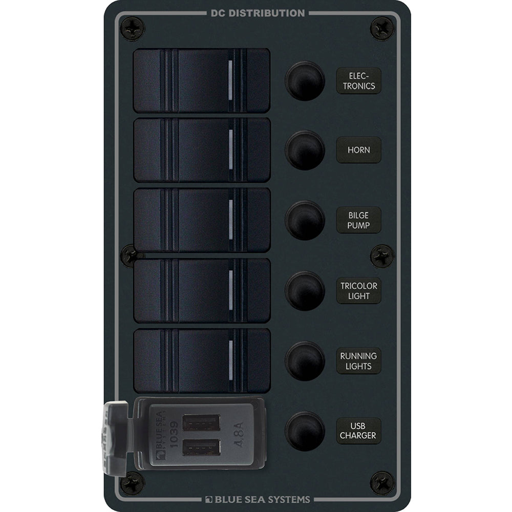 Blue Sea Systems 8521 Switch Panel with Dual USB Chargers 12/24V - Black Image 1