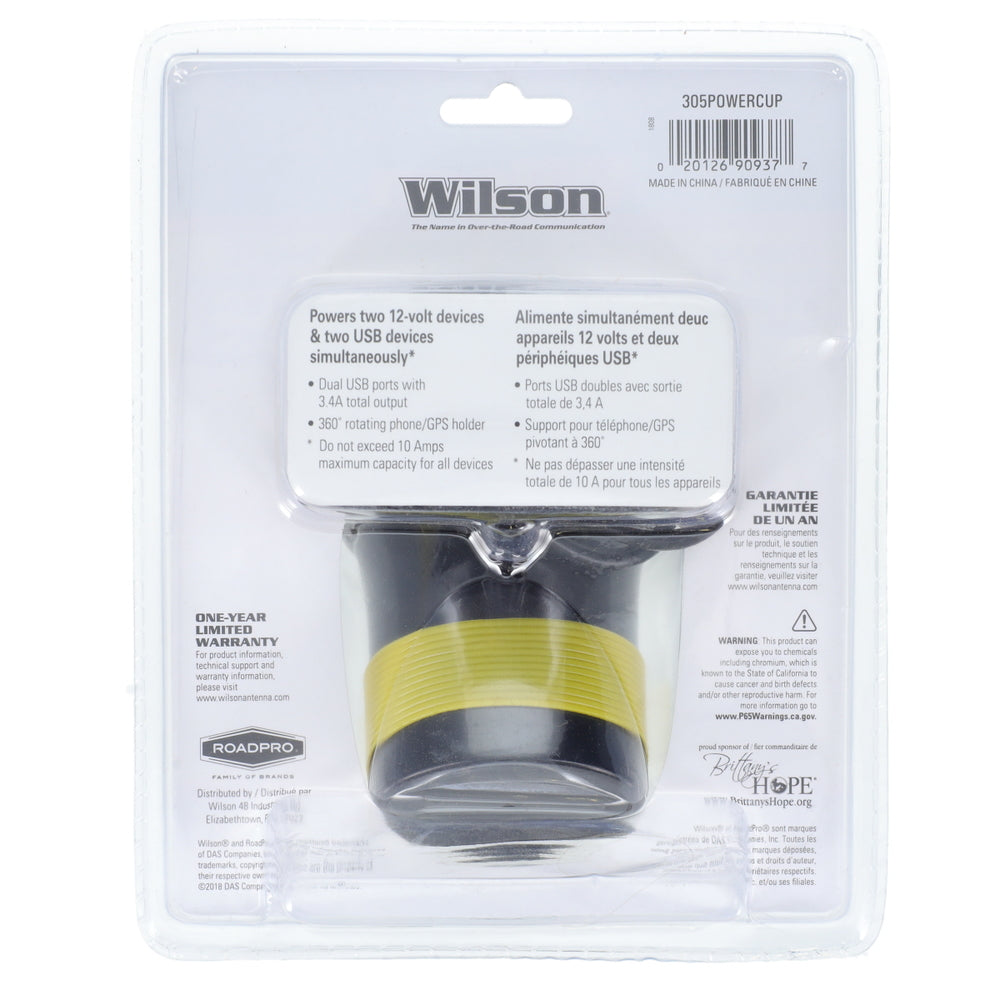 Wilson Antennas 305POWERCUP 12V Double Power Outlet Usb Phone Cup Holder