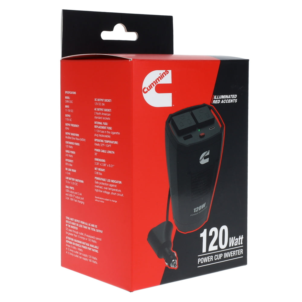 Cummins CMN120C 120 Watt Cupholder Power Inverter Dual Ac Outlets Dc To Inverte