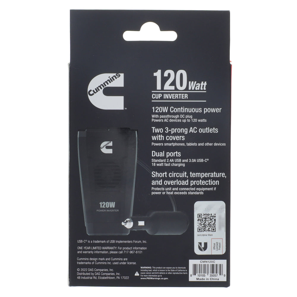 Cummins CMN120C 120 Watt Cupholder Power Inverter Dual Ac Outlets Dc To Inverte