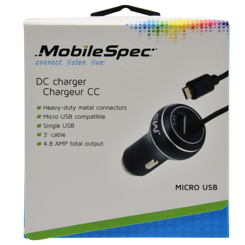 MobileSpec MBS03120 Micro USB Car Charger - 2.4A 12V Adapter Cable for Android - Black