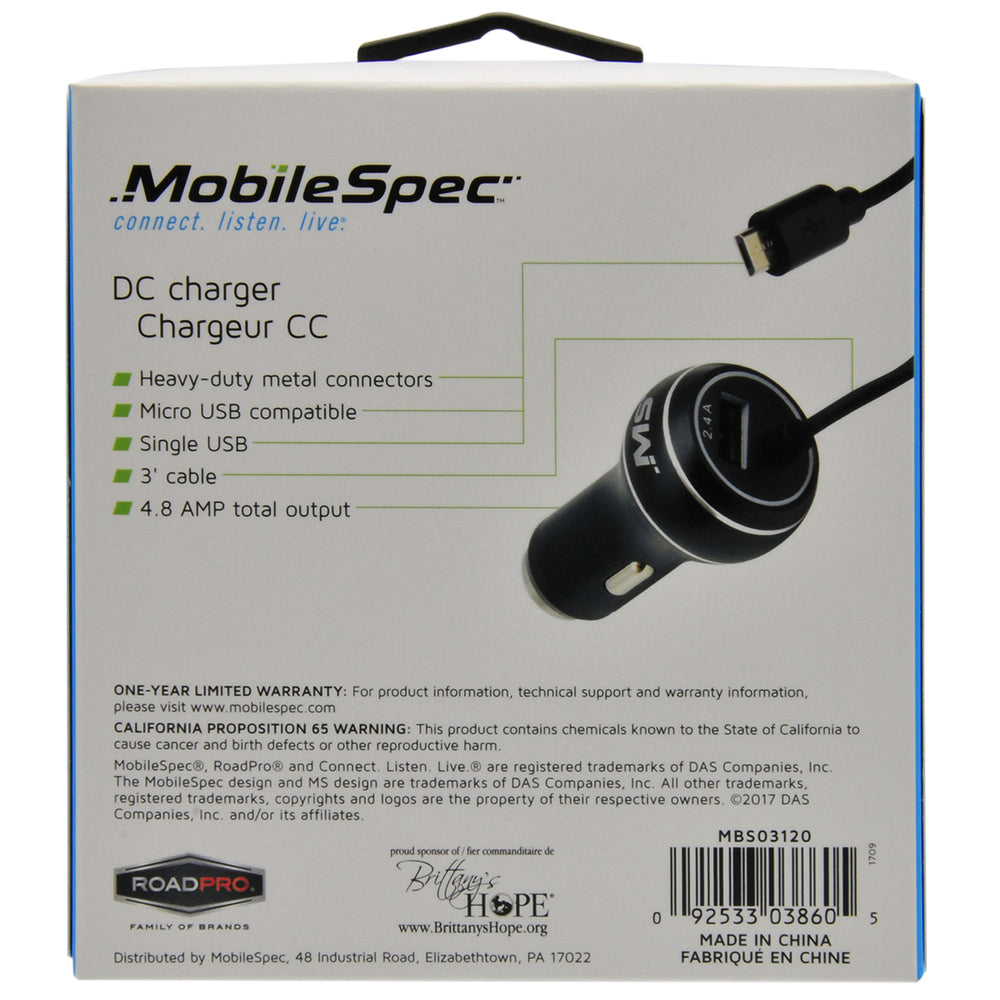MobileSpec MBS03120 Micro USB Car Charger - 2.4A 12V Adapter Cable for Android - Black