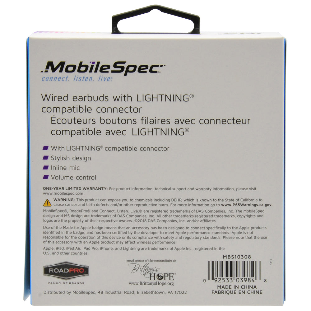 MobileSpec MBS10308 Wired Earbuds Lightning Connector