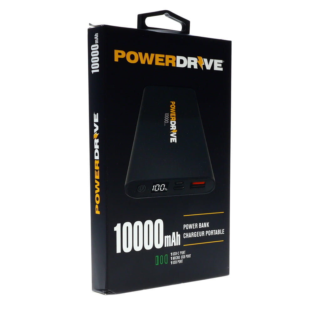 PowerDrive PDPB10000 Portable Battery Charger - 10000mAh Power Bank with 2 USB Ports - Fast-Charging - Black