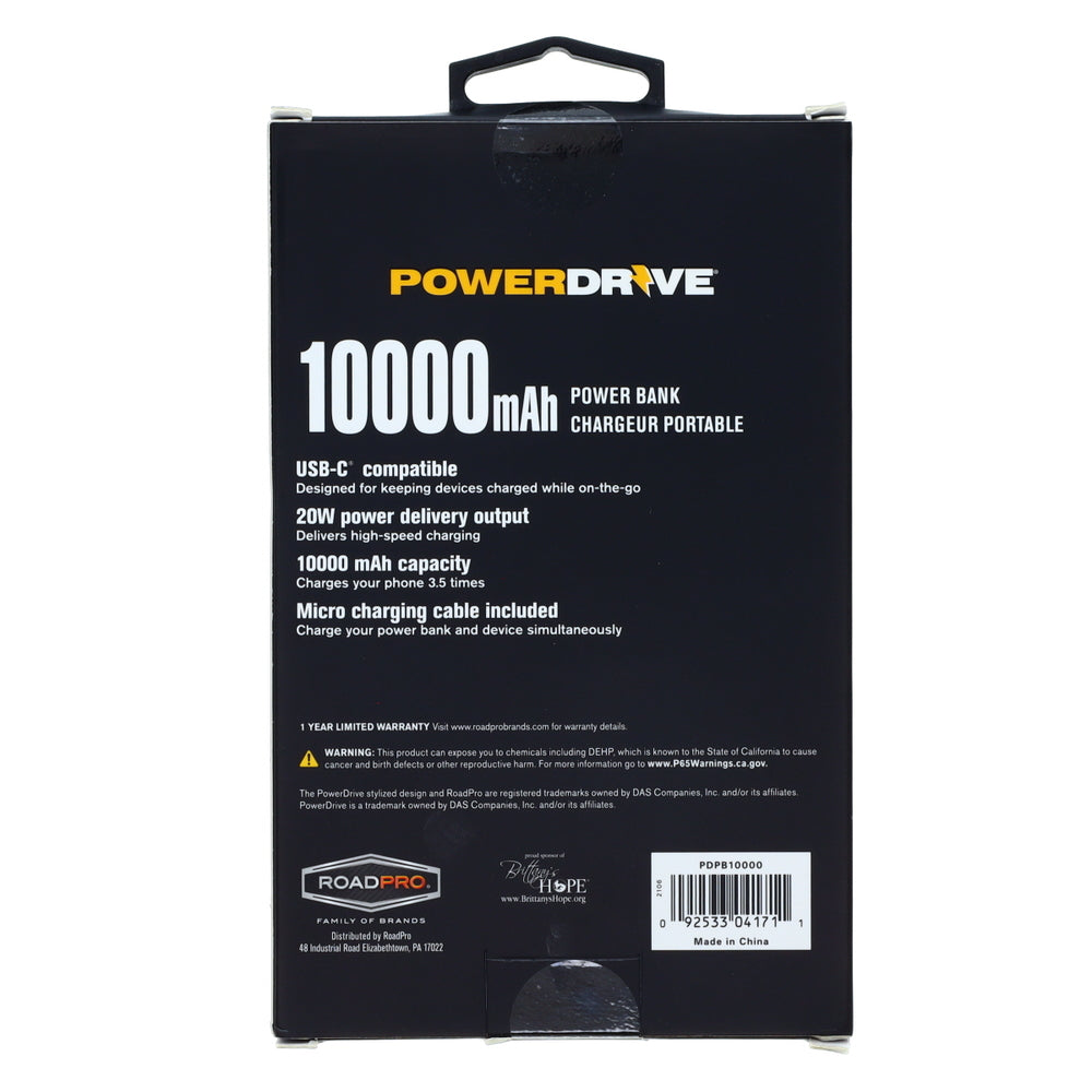 PowerDrive PDPB10000 Portable Battery Charger - 10000mAh Power Bank with 2 USB Ports - Fast-Charging - Black