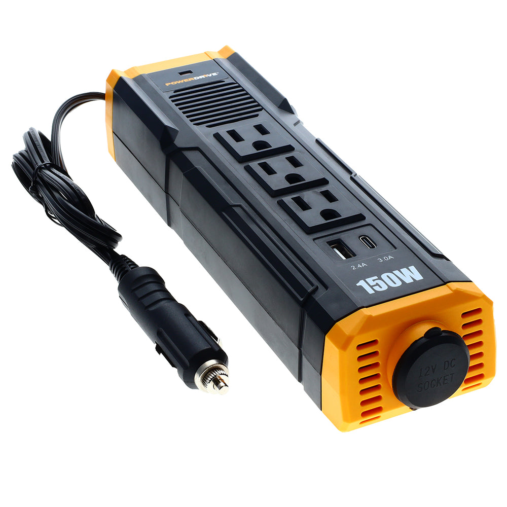 PowerDrive PWD150S 150W Car Power Inverter DC 12V to 110V AC Converter with 3 Charger Outlets and Dual USB Ports Image 1