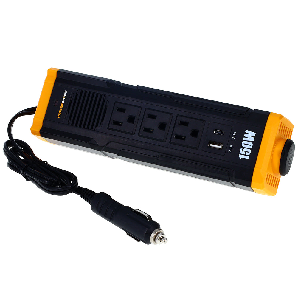 PowerDrive PWD150S 150W Car Power Inverter DC 12V to 110V AC Converter with 3 Charger Outlets and Dual USB Ports