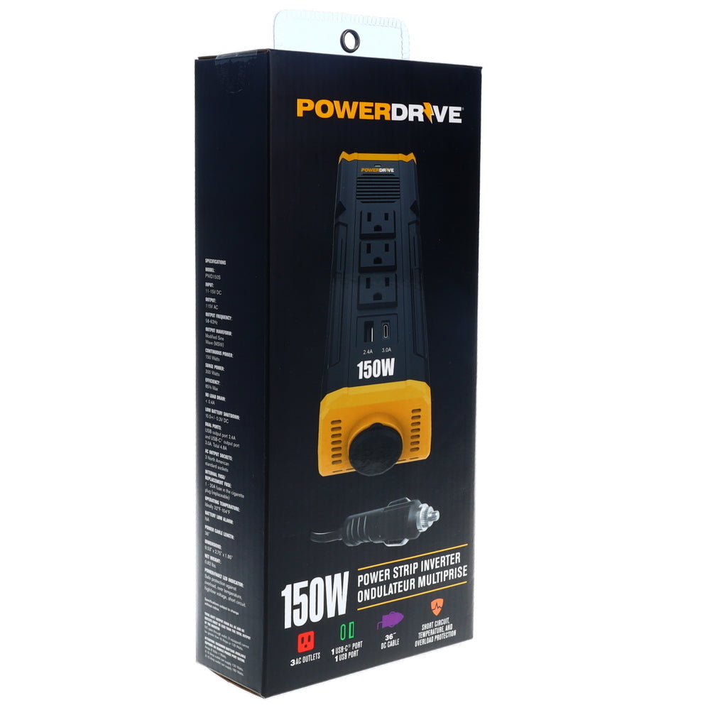PowerDrive PWD150S 150W Car Power Inverter DC 12V to 110V AC Converter with 3 Charger Outlets and Dual USB Ports