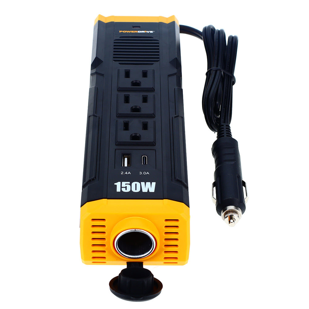 PowerDrive PWD150S 150W Car Power Inverter DC 12V to 110V AC Converter with 3 Charger Outlets and Dual USB Ports