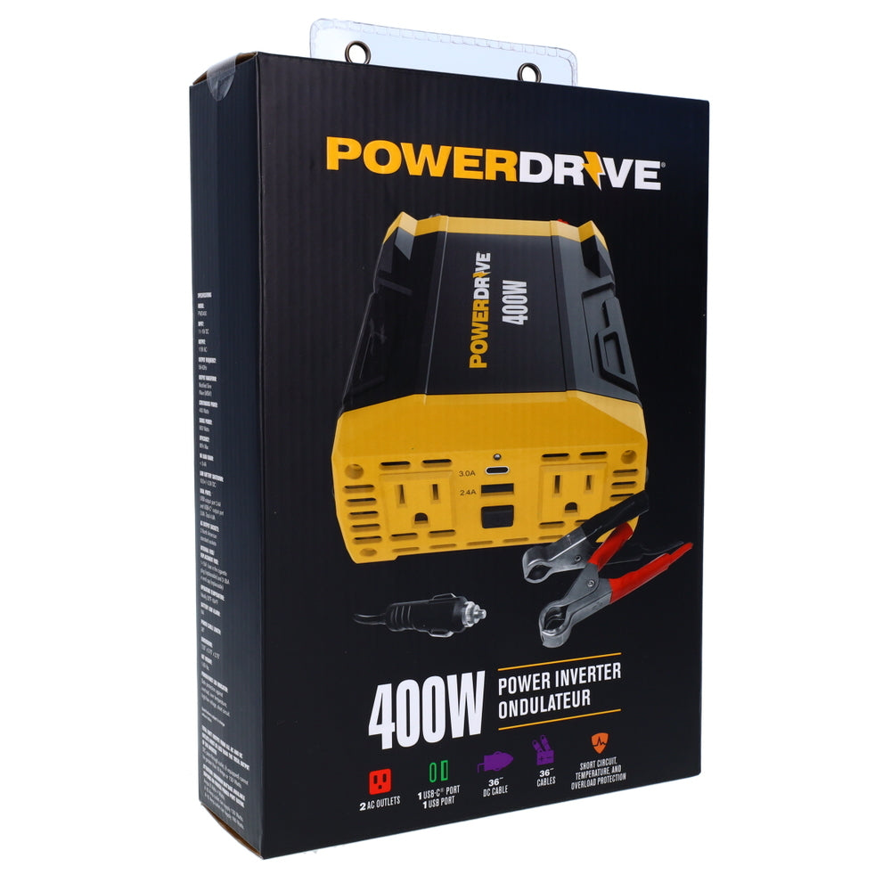 PowerDrive PWD400 400 Watt Power Inverter 12V Dc To 110V Ac 2 Outlets Ports