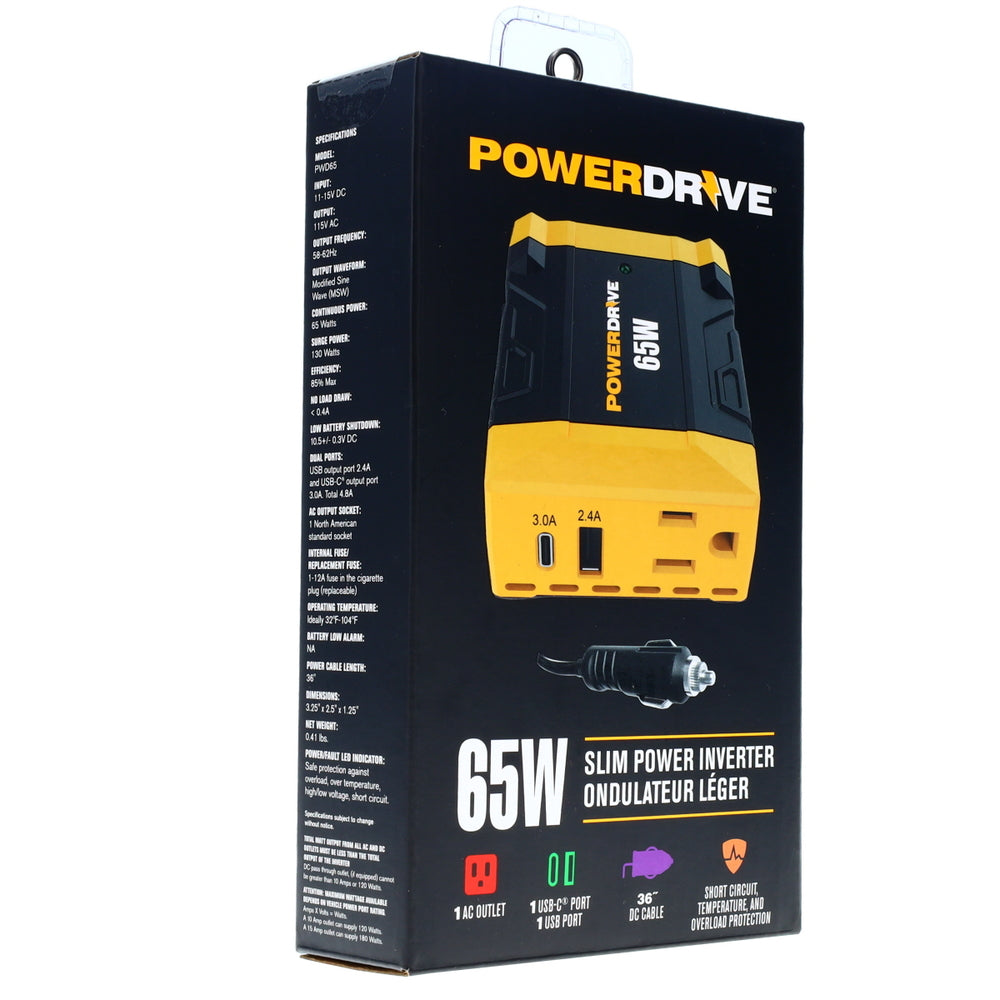 PowerDrive PWD65 65 Watt Power Inverter Slim 12V Dc To 110V Ac Outlet And 2
