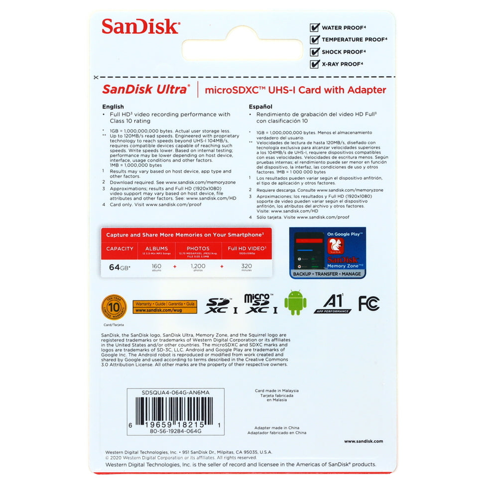 SanDisk SDSQUA4-064G-AN6MA Ultra MicroSDHC Memory Card 64GB